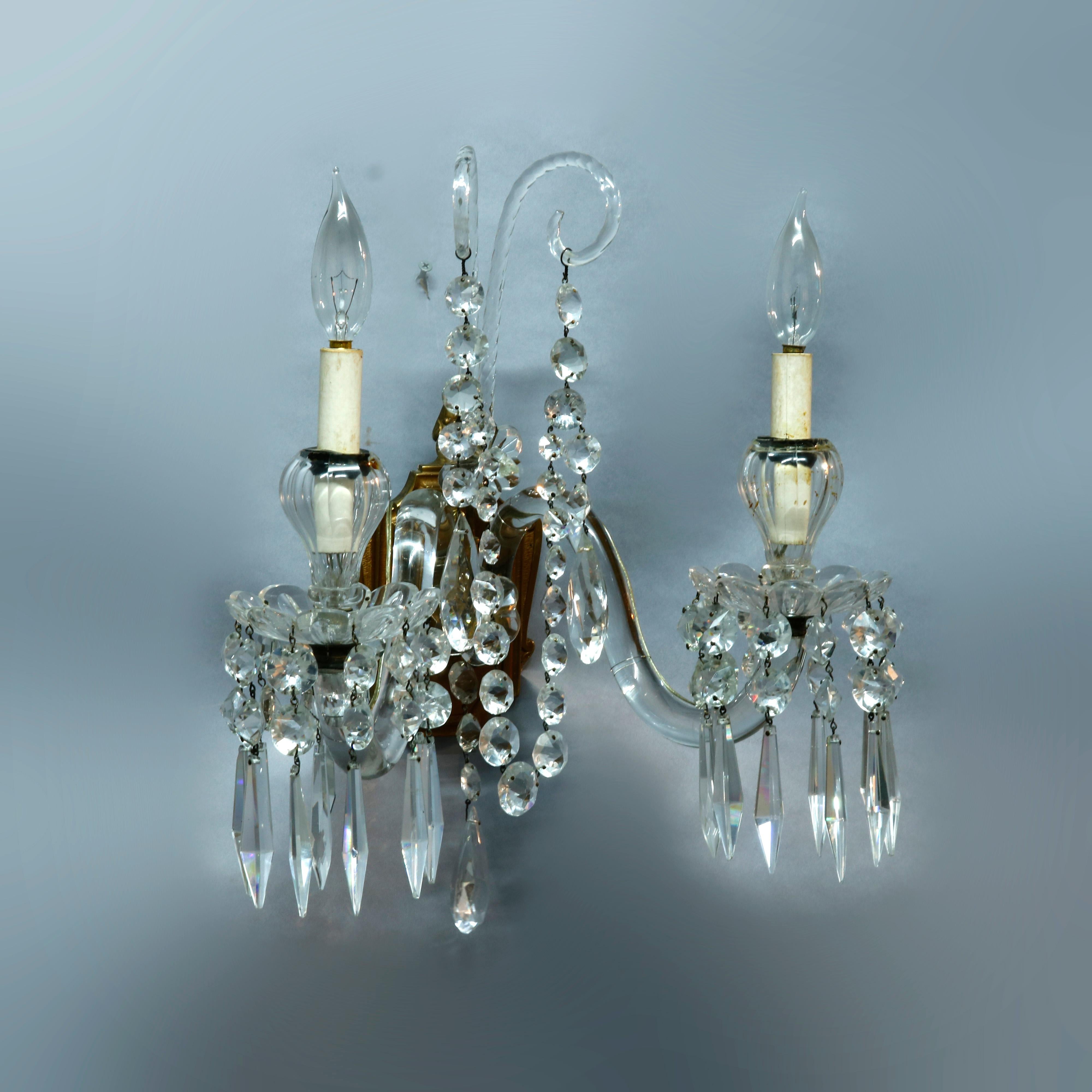 American Vintage Baccarat School Cut Crystal & Bronze Double Candle Wall Sconces, c1940