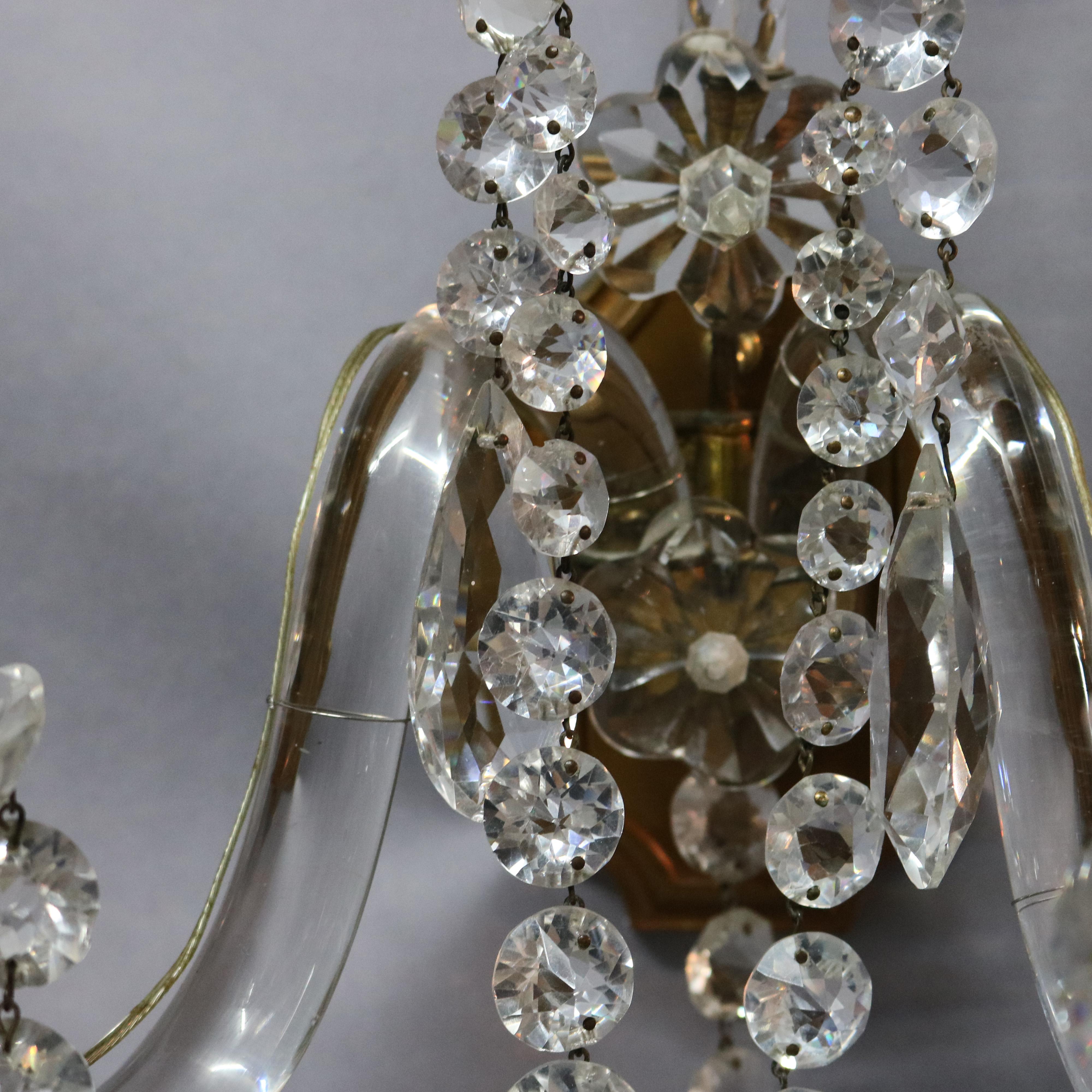 20th Century Vintage Baccarat School Cut Crystal & Bronze Double Candle Wall Sconces, c1940