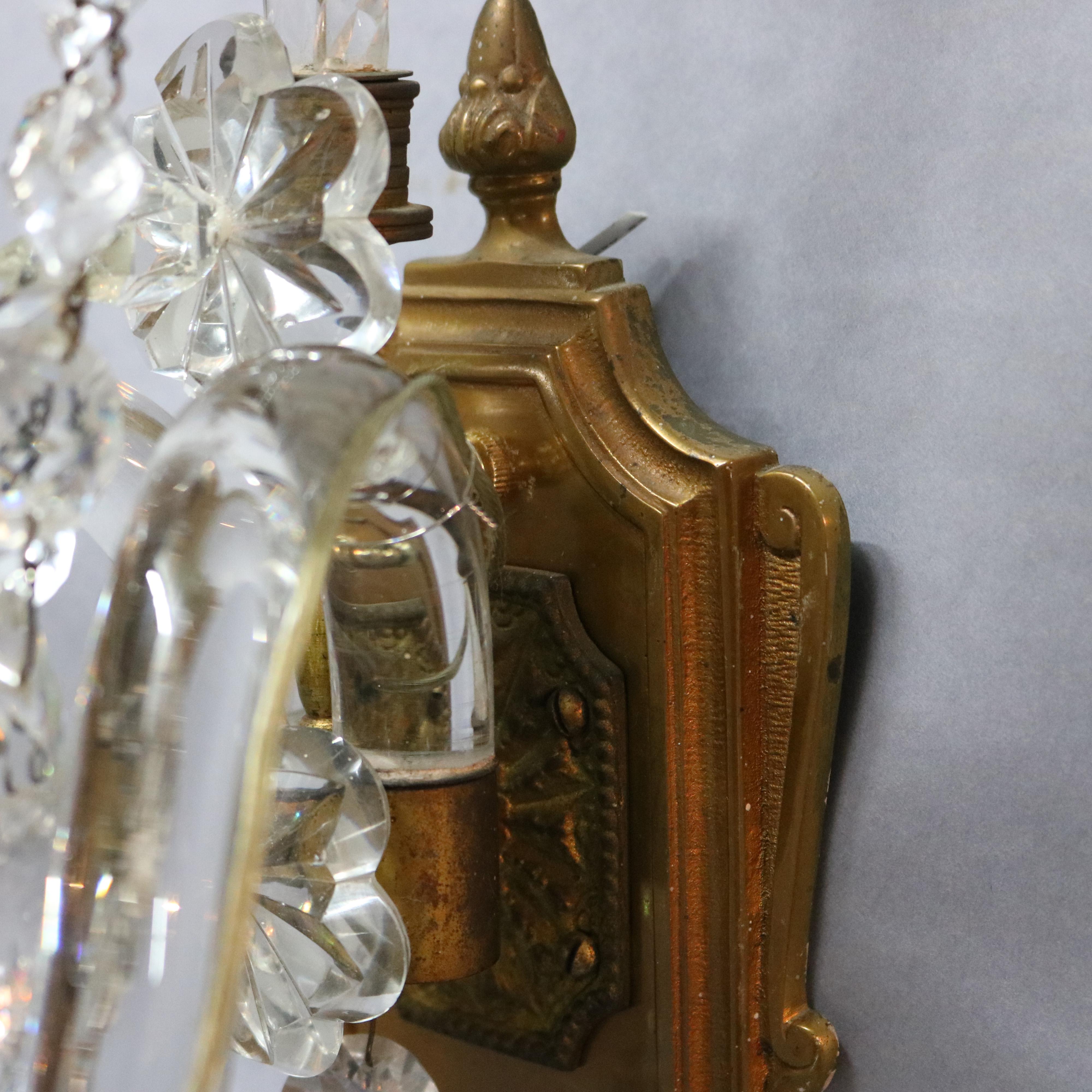 Vintage Baccarat School Cut Crystal & Bronze Double Candle Wall Sconces, c1940 3