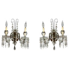 Vintage Baccarat School Cut Crystal & Bronze Double Candle Wall Sconces, c1940