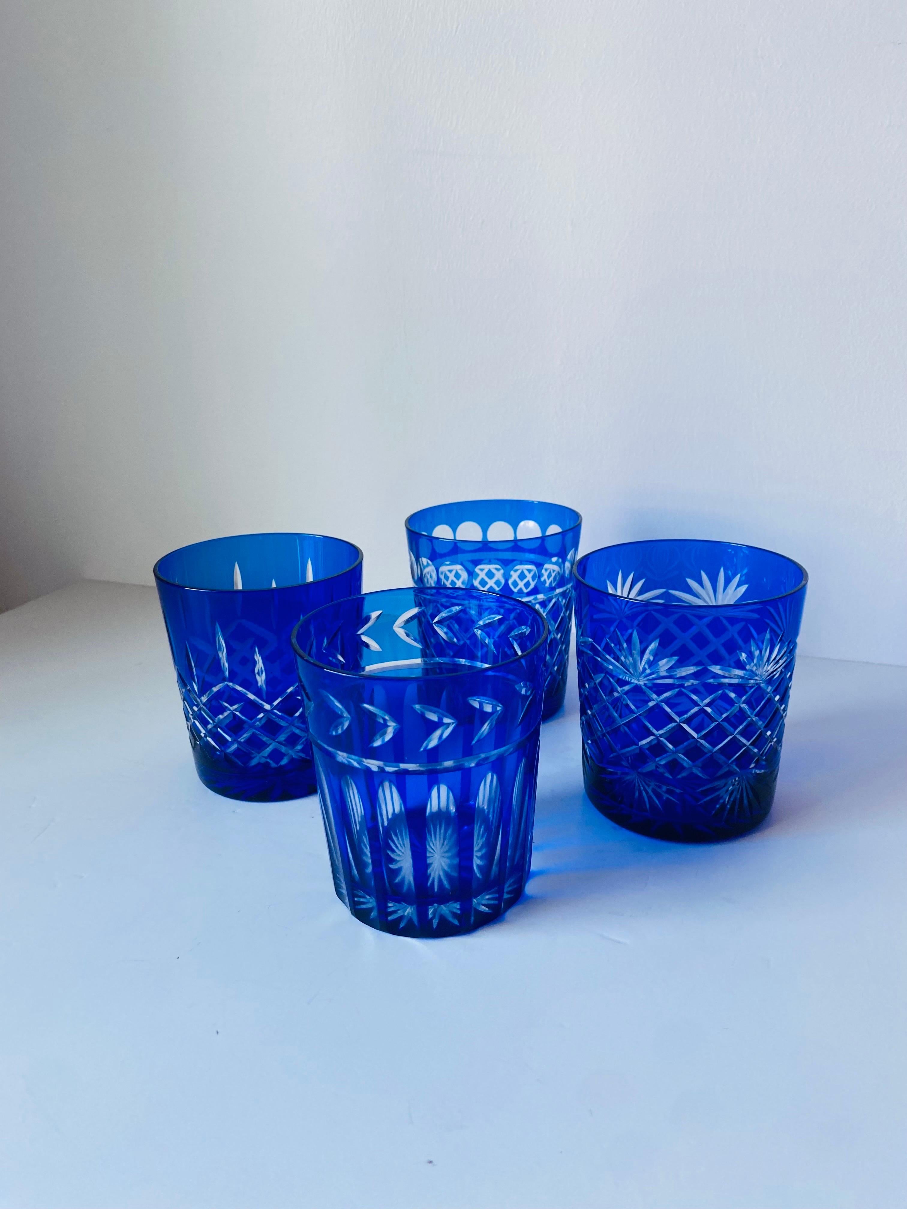 Vintage Baccarat Style Cobalt Blue Crystal Whiskey Glasses Set of 4 For Sale 4