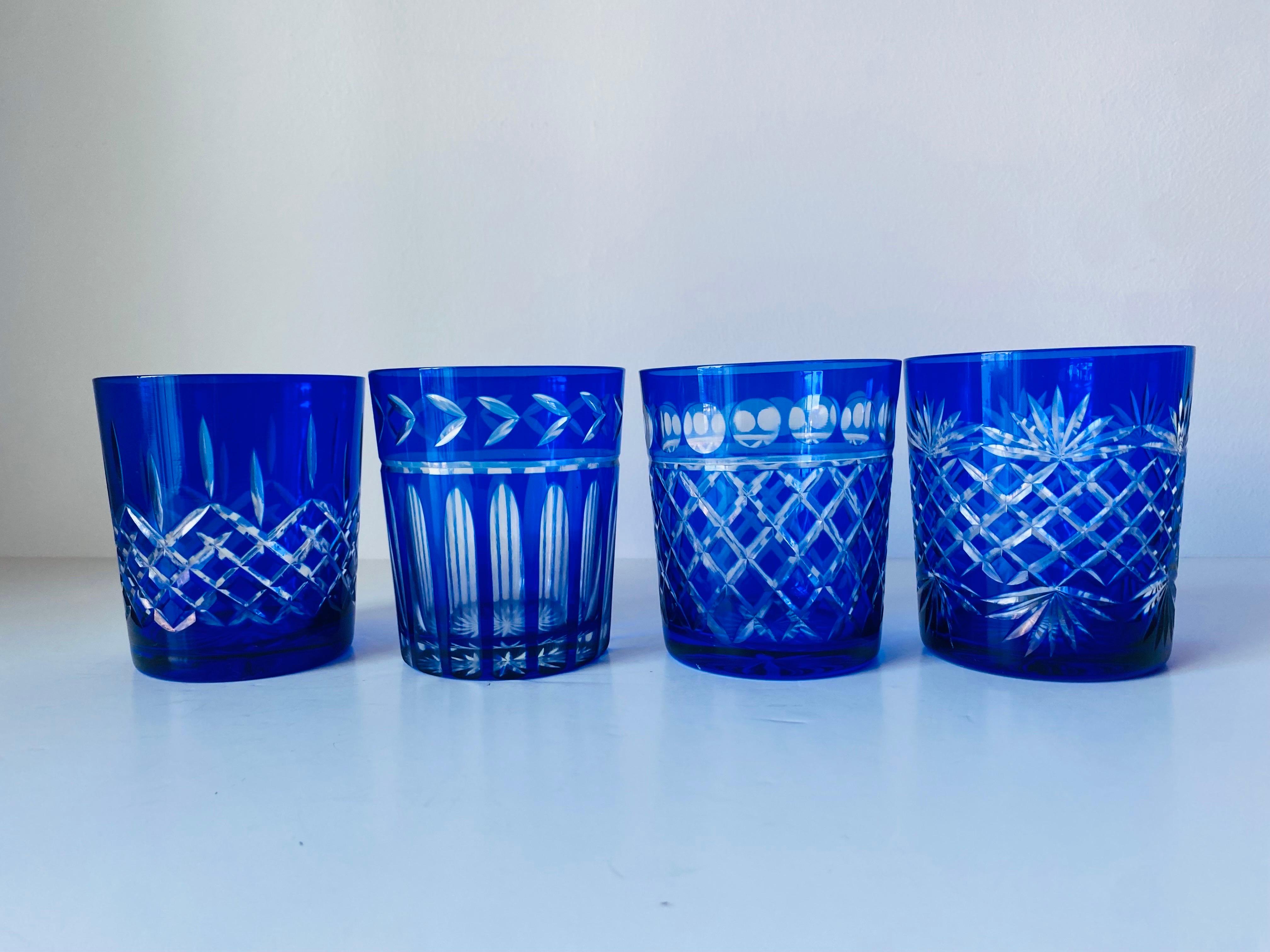 Vintage Baccarat Style Cobalt Blue Crystal Whiskey Glasses Set of 4 For Sale 5