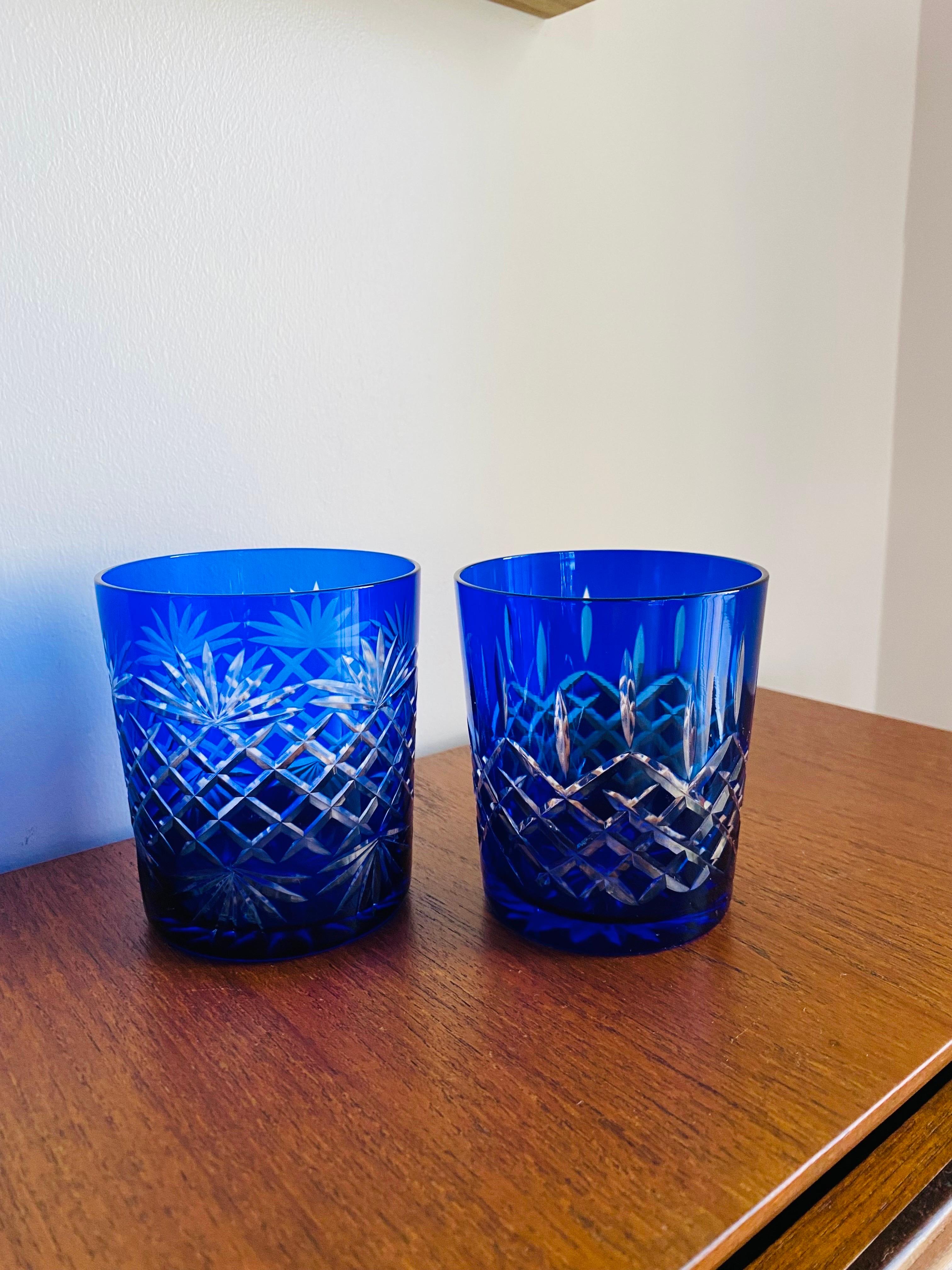 Mid-Century Modern Vintage Baccarat Style Cobalt Blue Crystal Whiskey Glasses Set of 4 For Sale