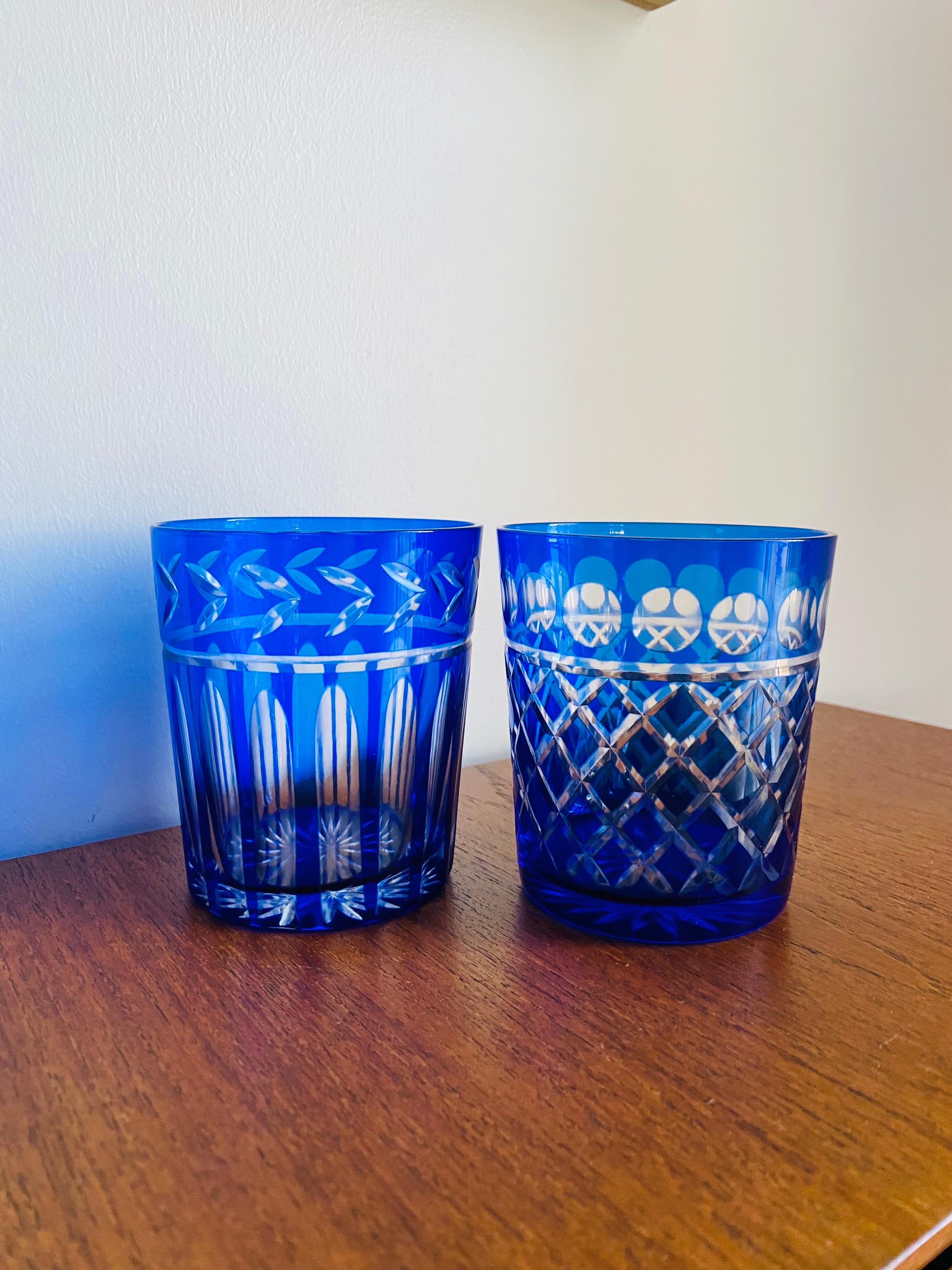 Hand-Crafted Vintage Baccarat Style Cobalt Blue Crystal Whiskey Glasses Set of 4 For Sale