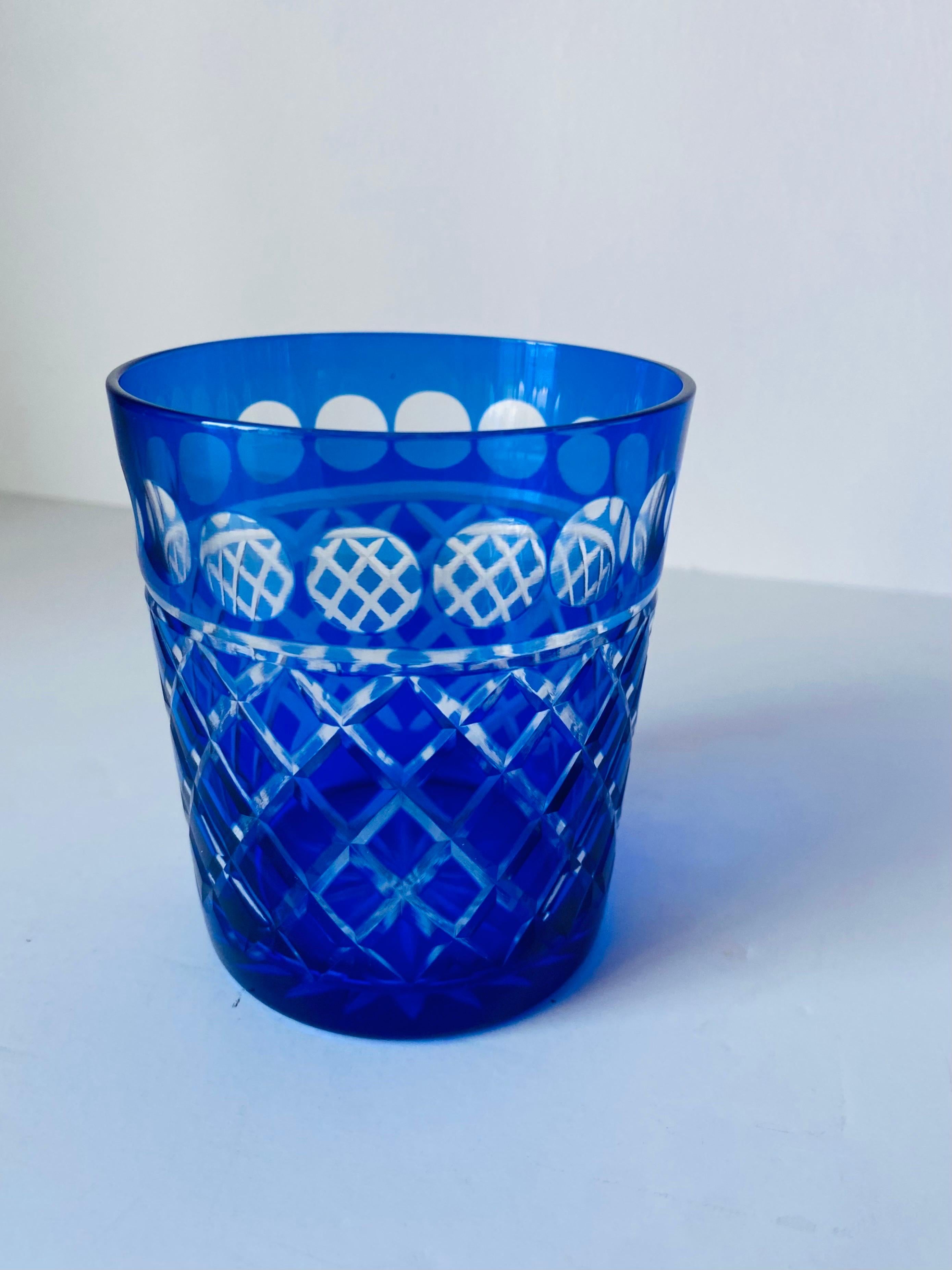 Late 20th Century Vintage Baccarat Style Cobalt Blue Crystal Whiskey Glasses Set of 4 For Sale