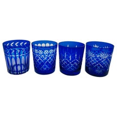 Vintage Baccarat Style Cobalt Blue Crystal Whiskey Glasses Set of 4