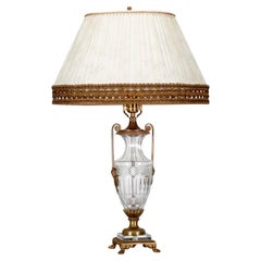 Vintage Baccarat Style Cut Crystal & Gilt Bronze Urn Table Lamp, Fringed Shade