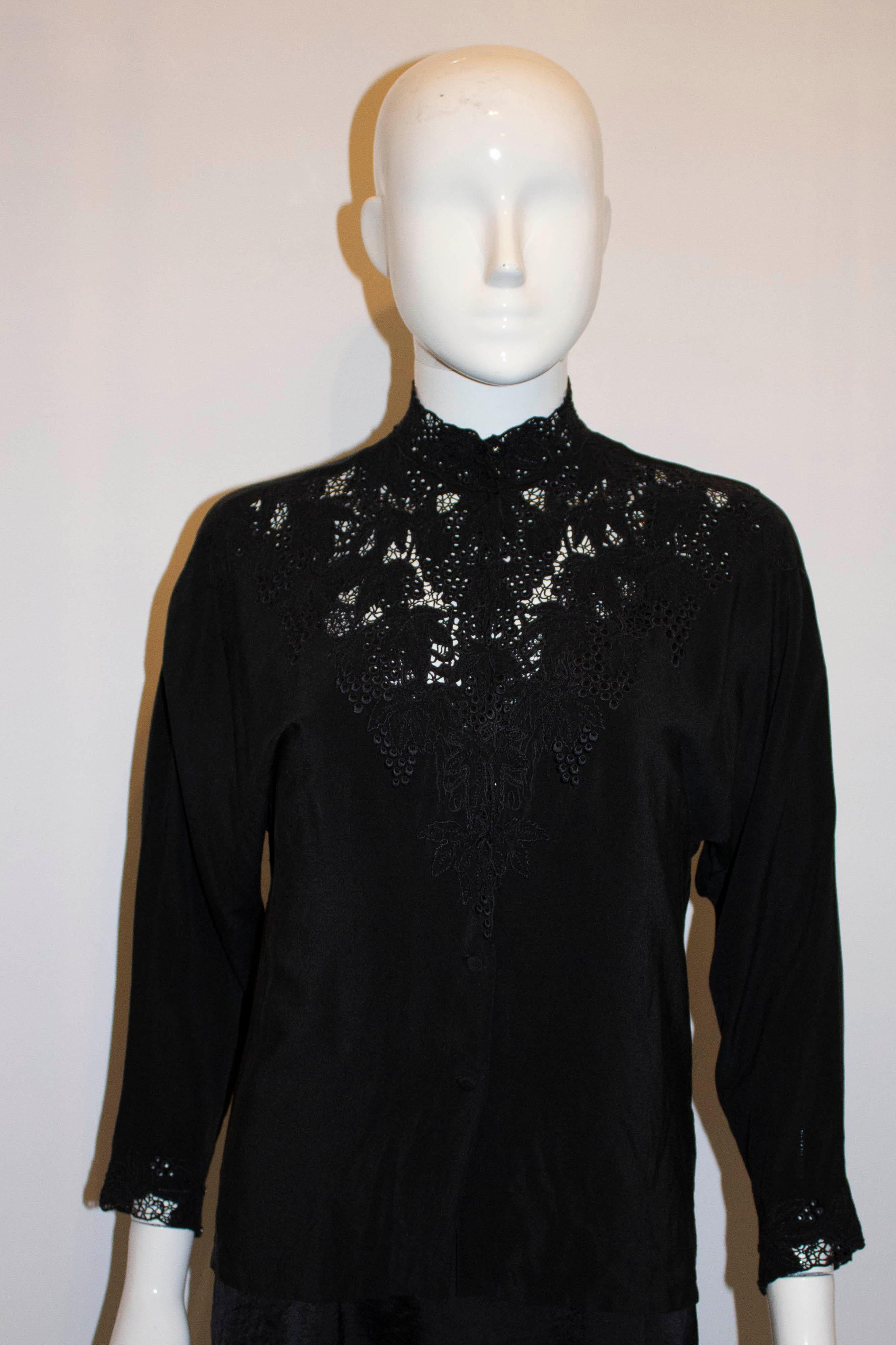 Black Vintage Back Silk Hanae Mori Blouse with Lace Detail