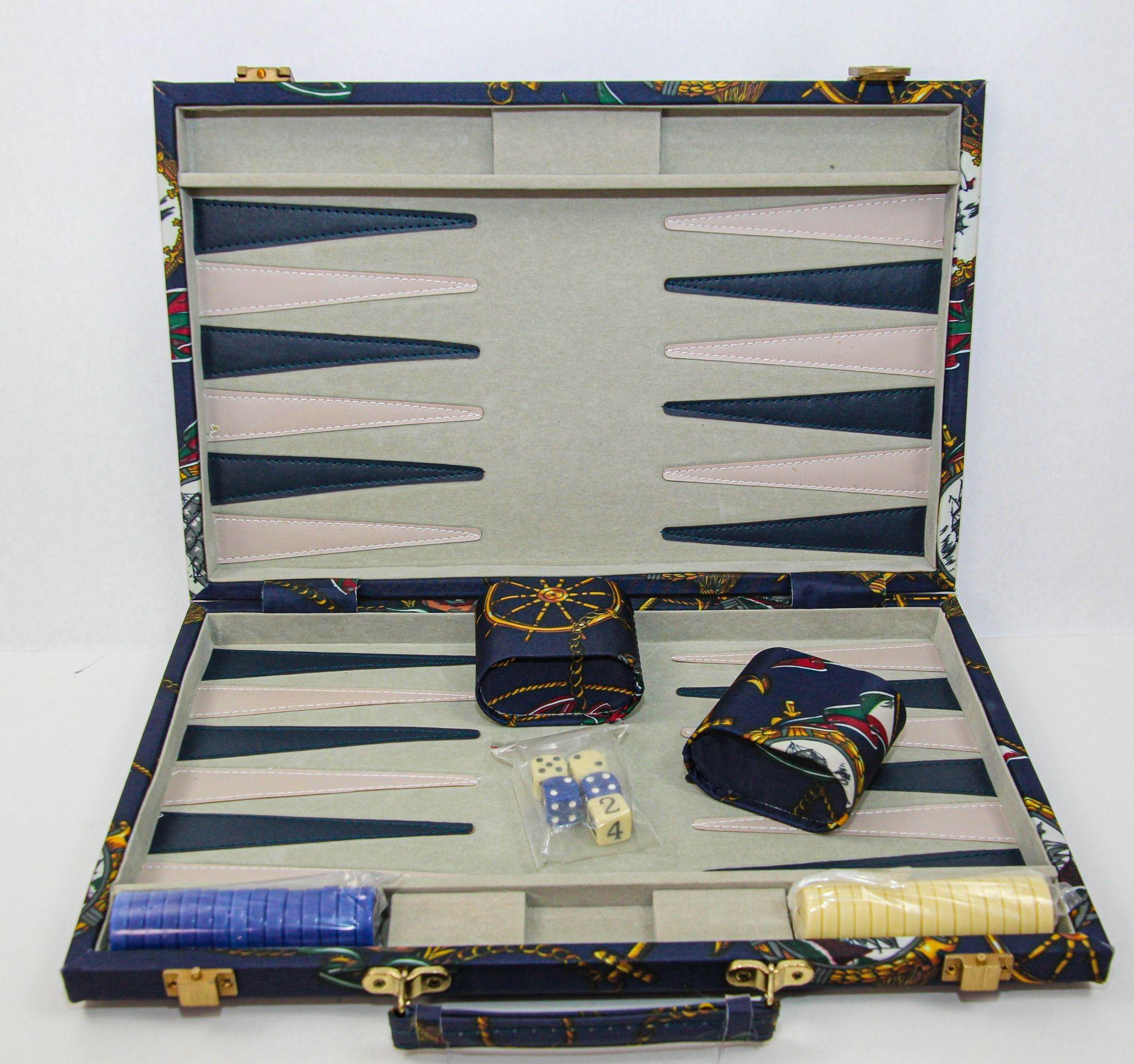 Envision an opulent large backgammon set case, drawing inspiration from the distinguished design aesthetics of both Hermes and Gucci, with a refined focus on a sophisticated nautical theme. The exterior of this exquisite case is meticulously