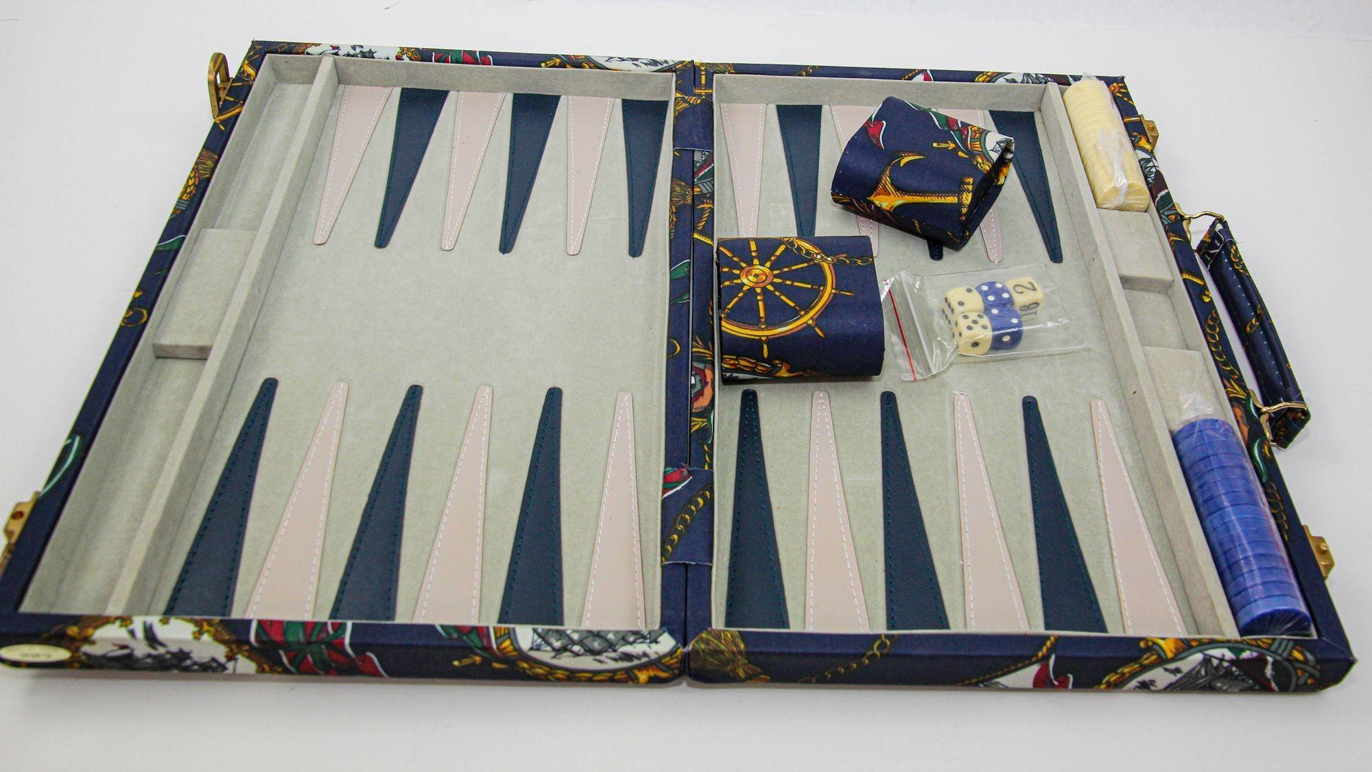 French Vintage Backgammon Box Game Set in Large Briefcase with Nautical Theme 1980s For Sale