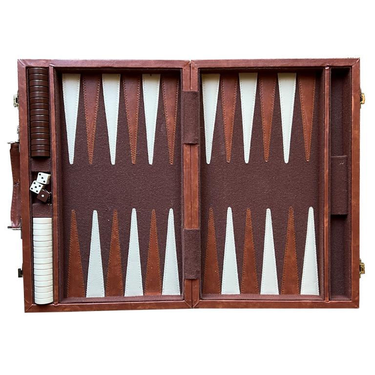 Mid-Century Modern Vintage Backgammon Game Board and Carrying Case in Brown and White