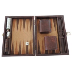 Vintage Backgammon Game in Brown Faux Leather carrying Case