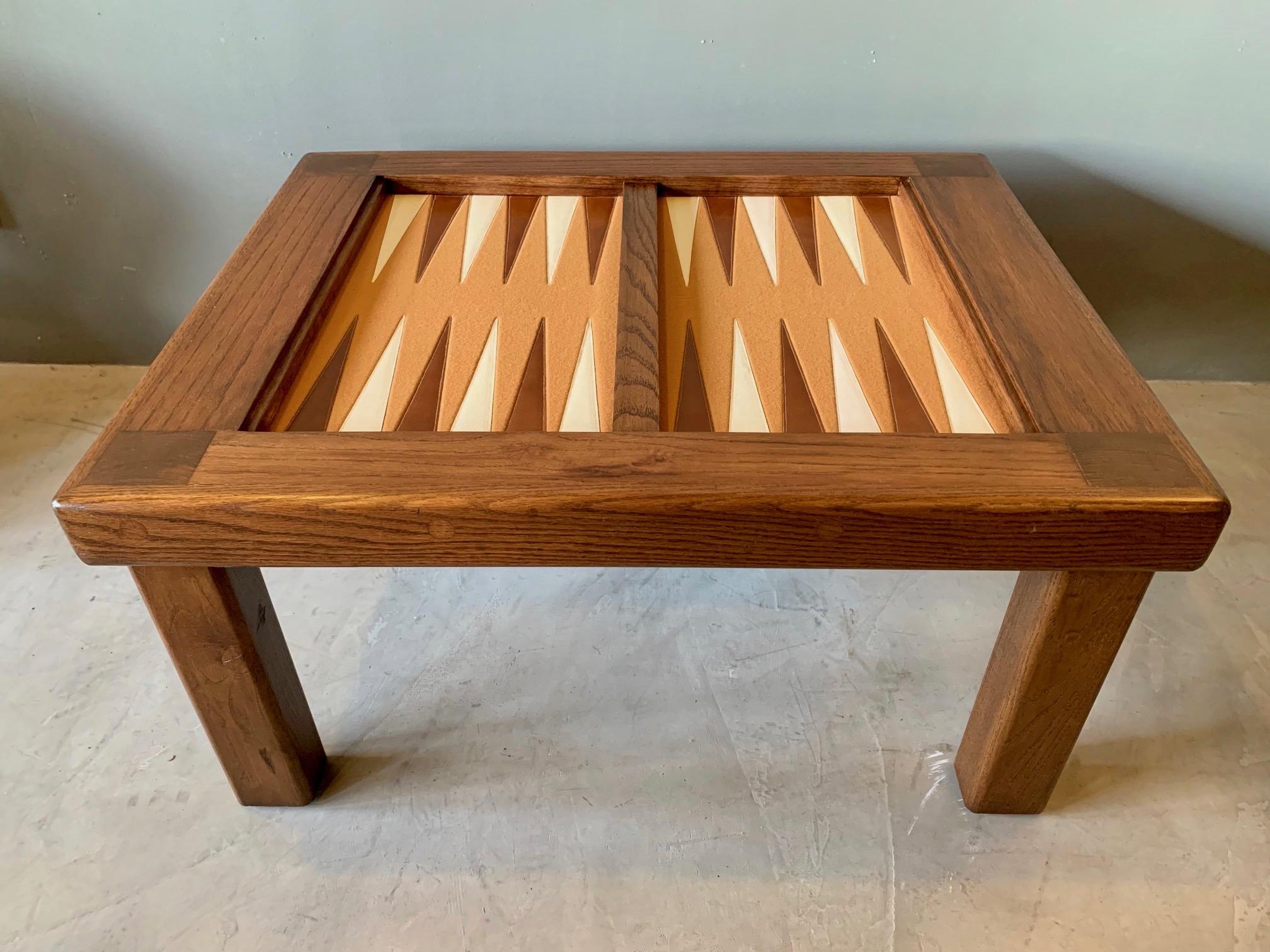 Gorgeous vintage backgammon table with coffee table height, refinished in medium walnut. Felt game play area with leather triangles. Excellent vintage condition. Sold with dark glass top to cover board when not in use. Great game table!
 