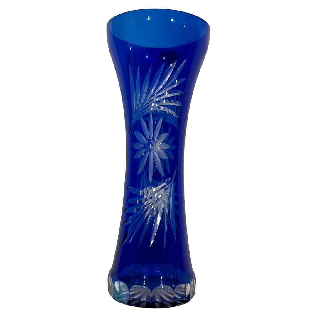 Vintage Badash Cobalt Blue Cut-to-Clear Crystal Fluted Vase ~ USSR In Good Condition For Sale In Naples, FL