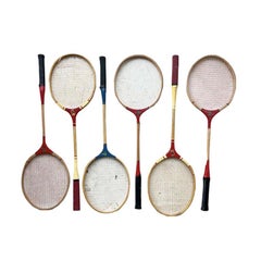 Vintage Badminton, Tennis or Squash Rackets in Red White and Blue Set of 6