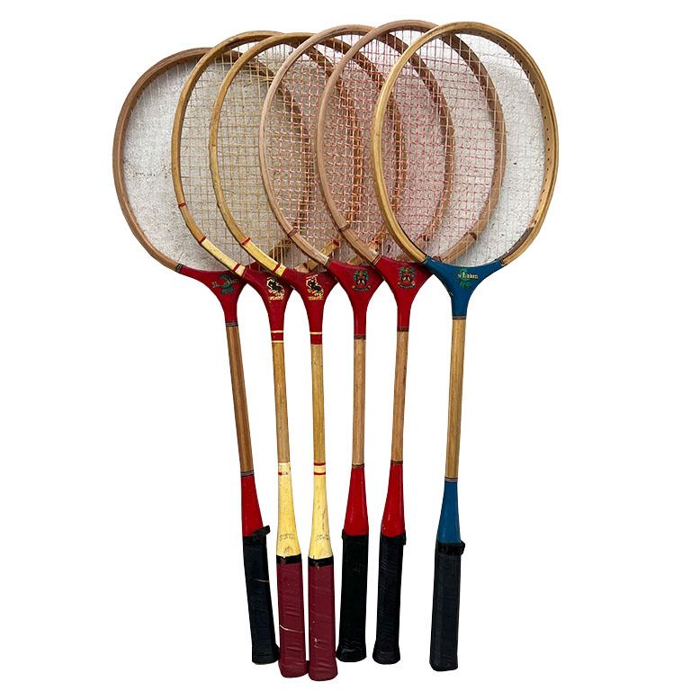 American Vintage Badminton, Tennis or Squash Rackets in Red White and Blue Set of 6 For Sale