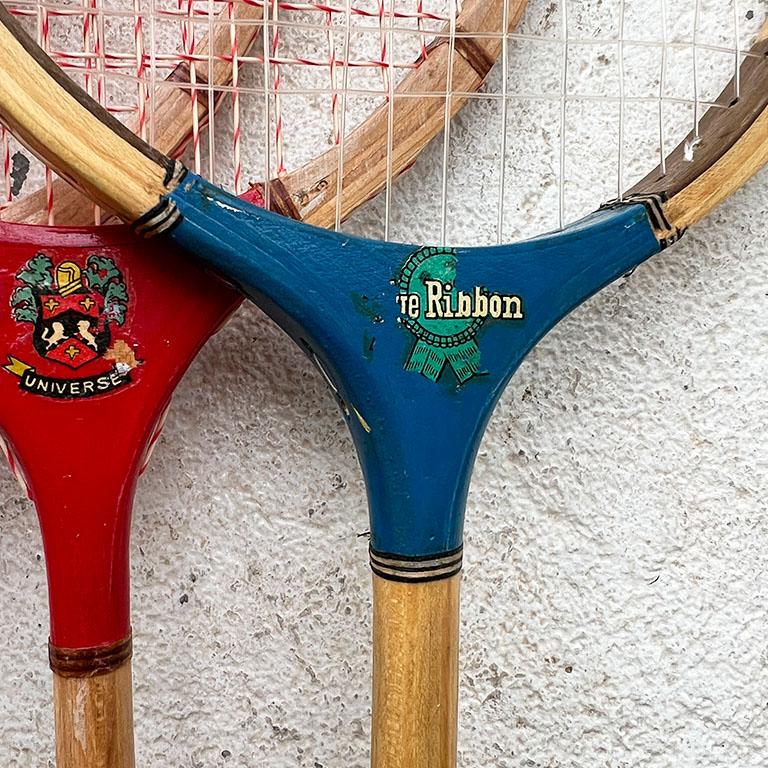 Art Nouveau Vintage Badminton, Tennis or Squash Rackets in Red White and Blue Set of 6 For Sale