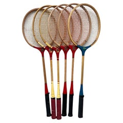 Vintage Badminton, Tennis or Squash Rackets in Red White and Blue Set of 6