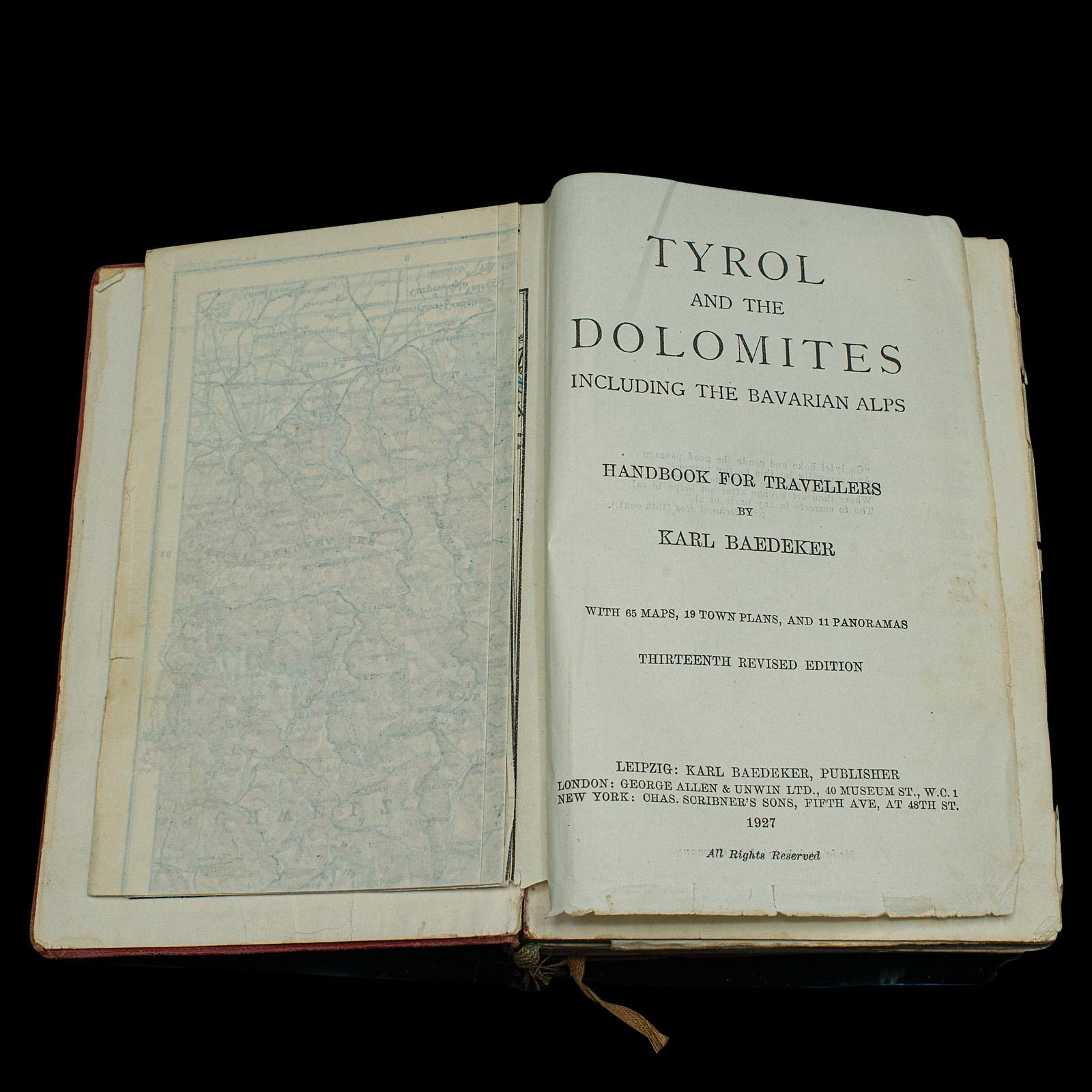 Victorian Vintage Baedeker's Guide, Tyrol & Dolomites, English Language, Published 1927 For Sale