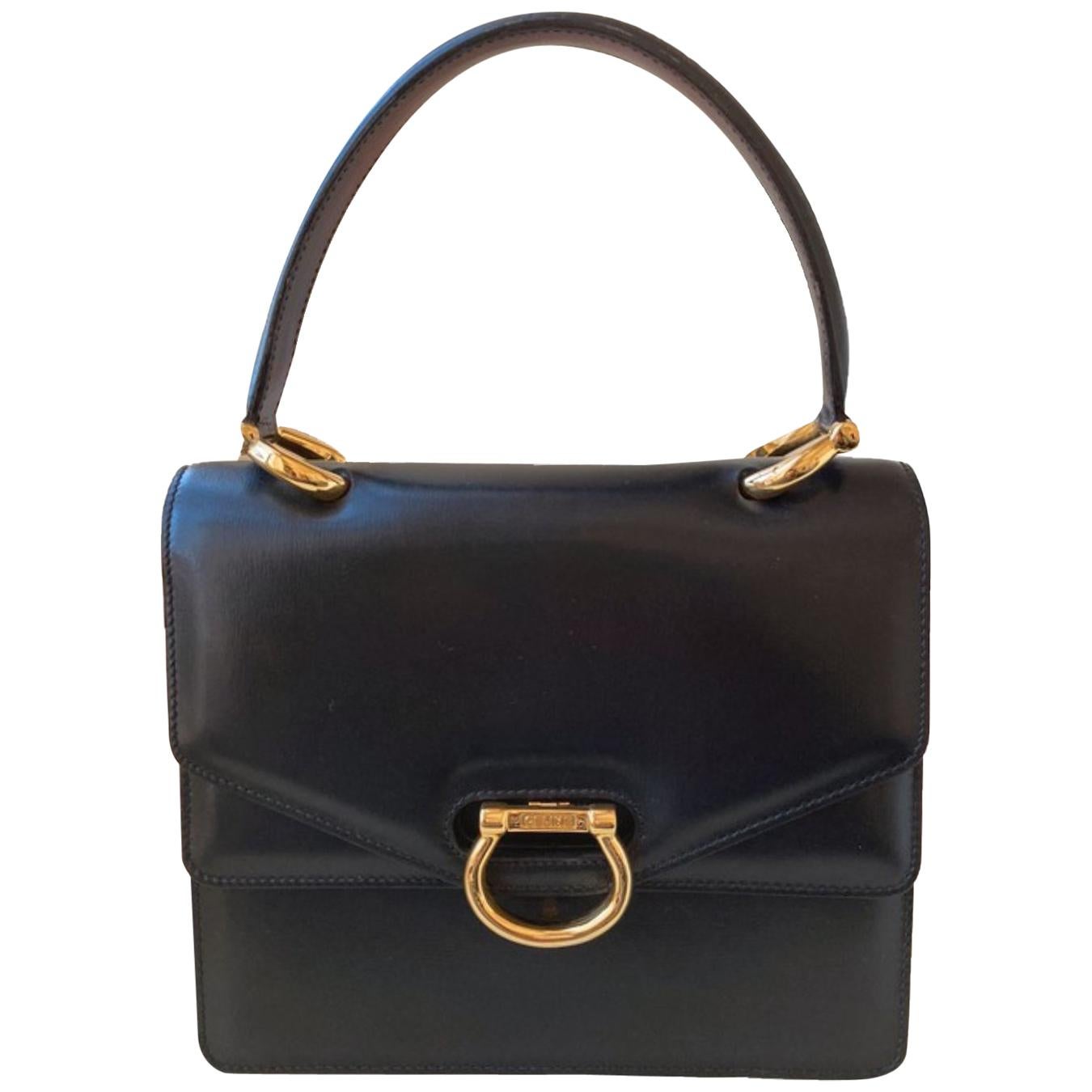 Vintage bag Celine Black Leather and gold tone Circa 1990 For Sale