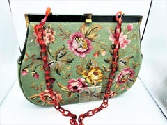 Vintage bag hand-embroidered light green and leather from the 1950, USA