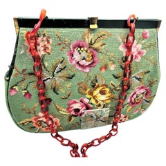 Vintage bag hand-embroidered light green and leather from the 1950, USA