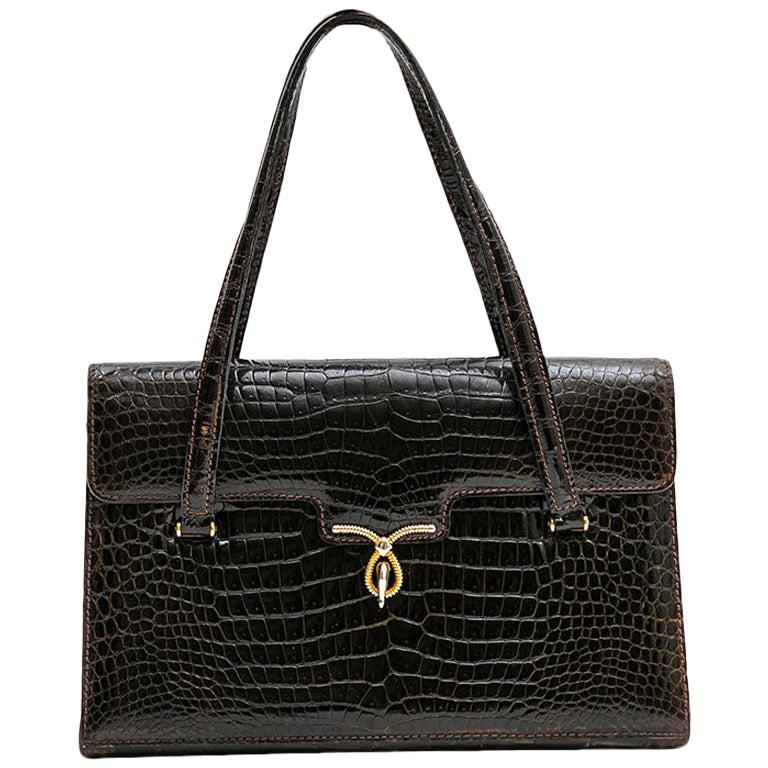 Vintage Bag in Brown Crocodile Porosus Leather For Sale