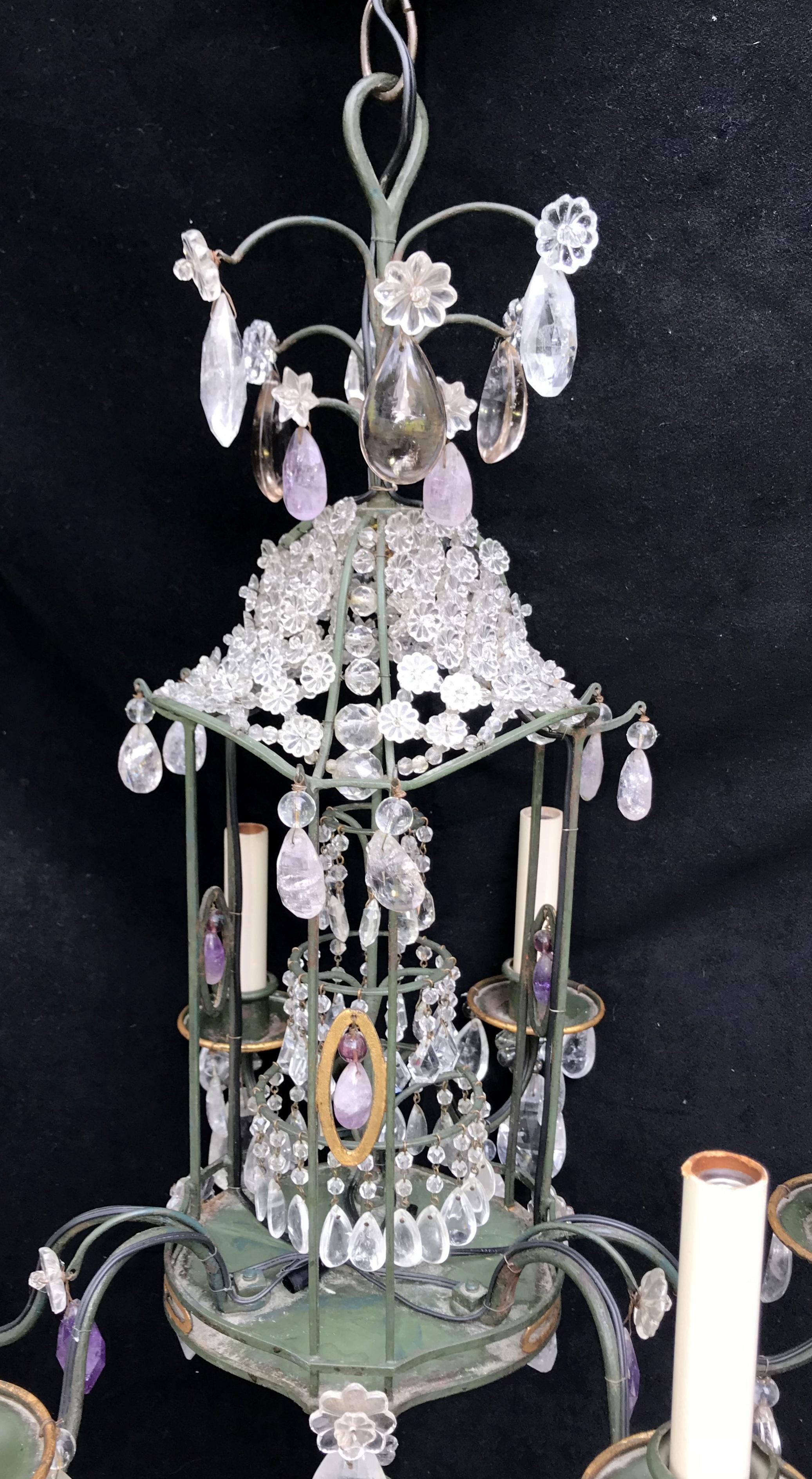 A vintage Baguès style petite pagoda form rock crystal and amethyst quartz crystal, beaded basket and green with gold gilt six-light chandelier.