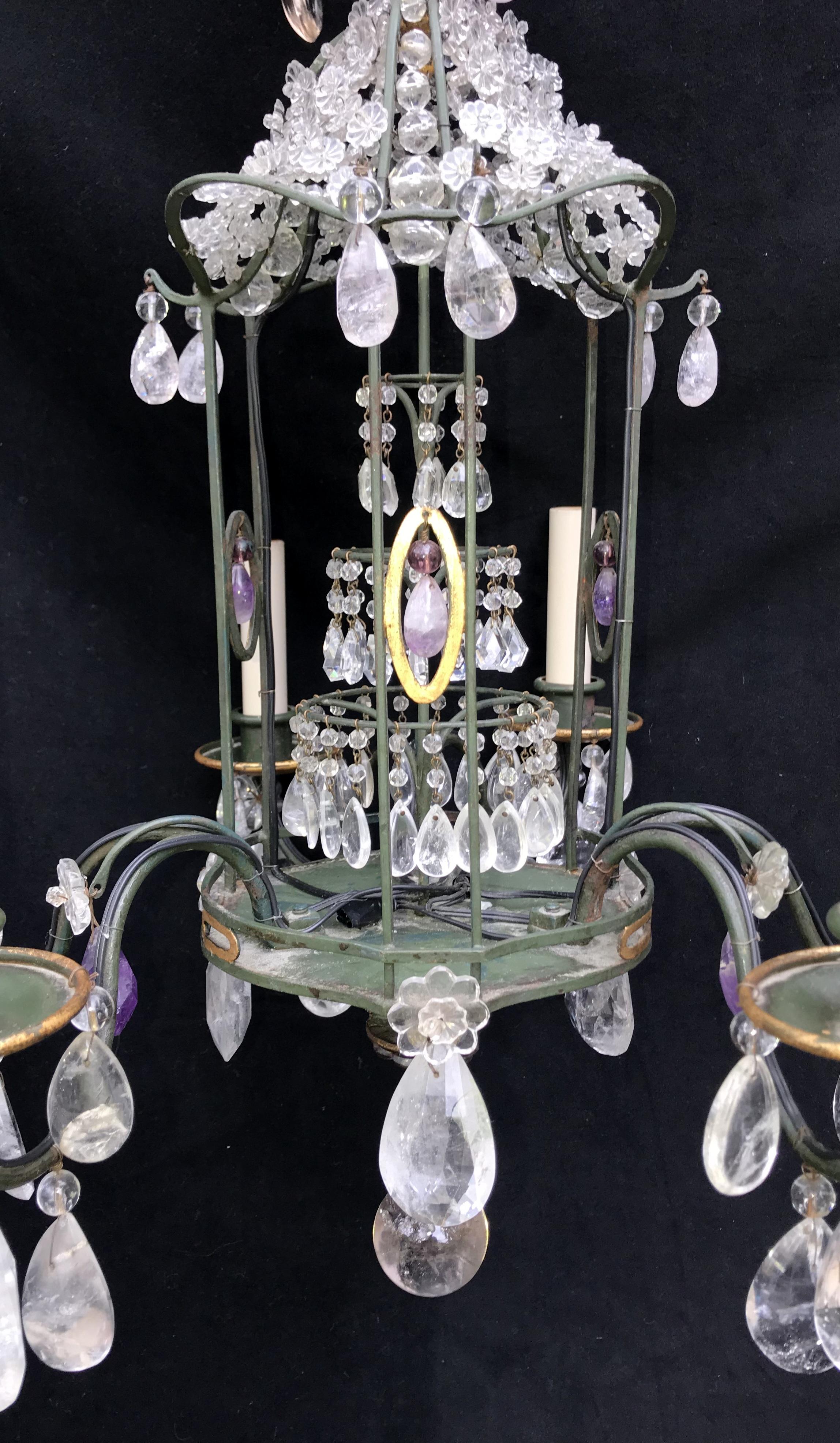 Belle Époque Vintage Baguès Petite Pagoda Rock Crystal Beaded Basket Green Gilt Chandelier For Sale