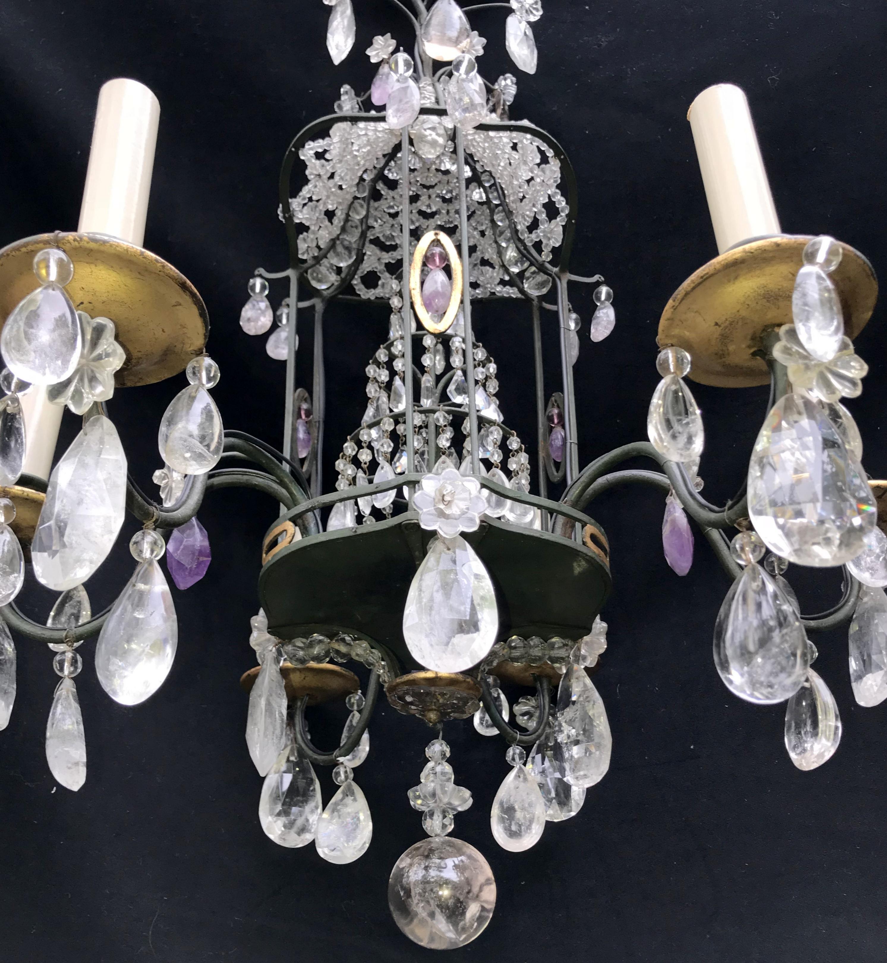 French Vintage Baguès Petite Pagoda Rock Crystal Beaded Basket Green Gilt Chandelier For Sale