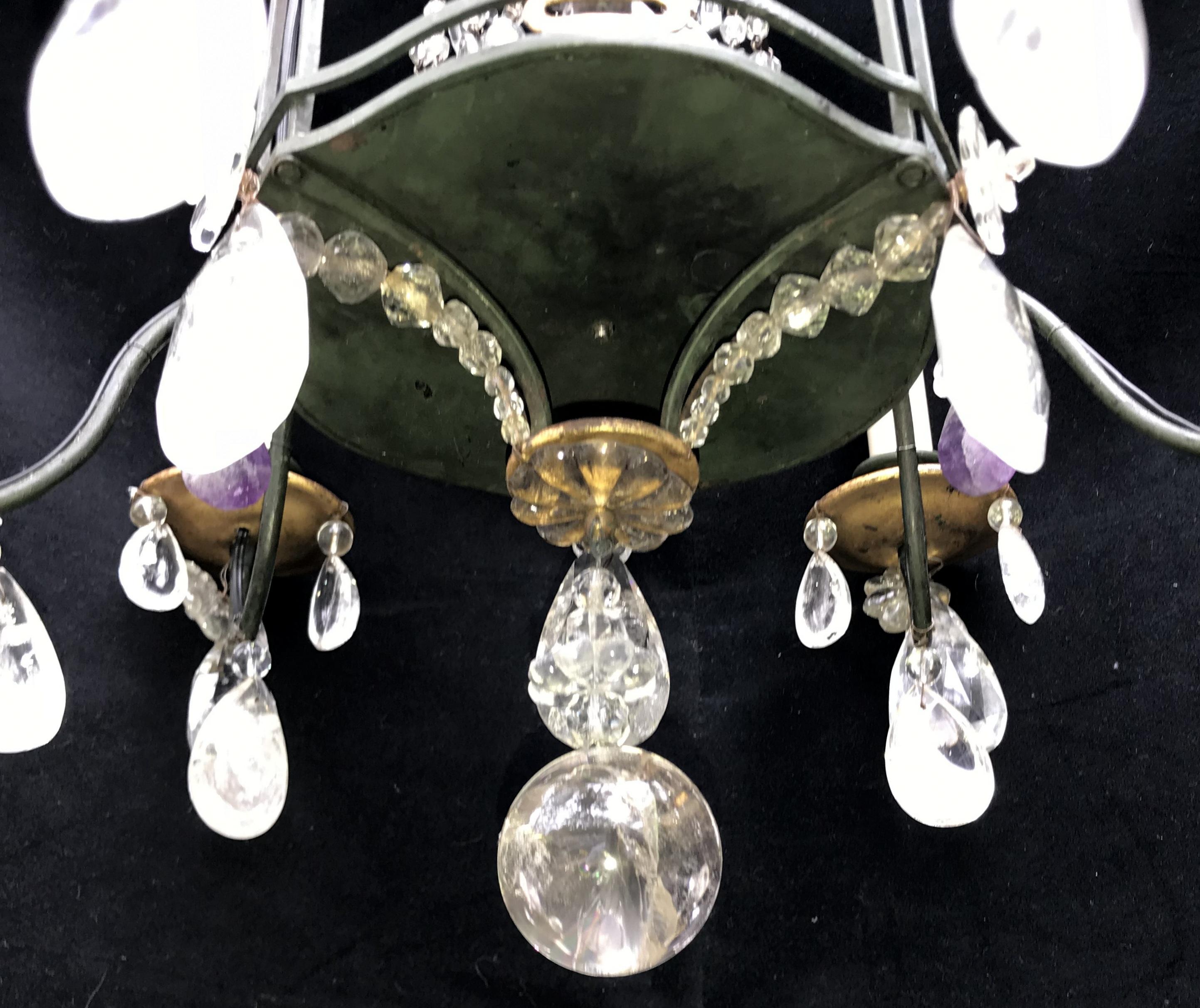 Vintage Baguès Petite Pagoda Rock Crystal Beaded Basket Green Gilt Chandelier For Sale 2