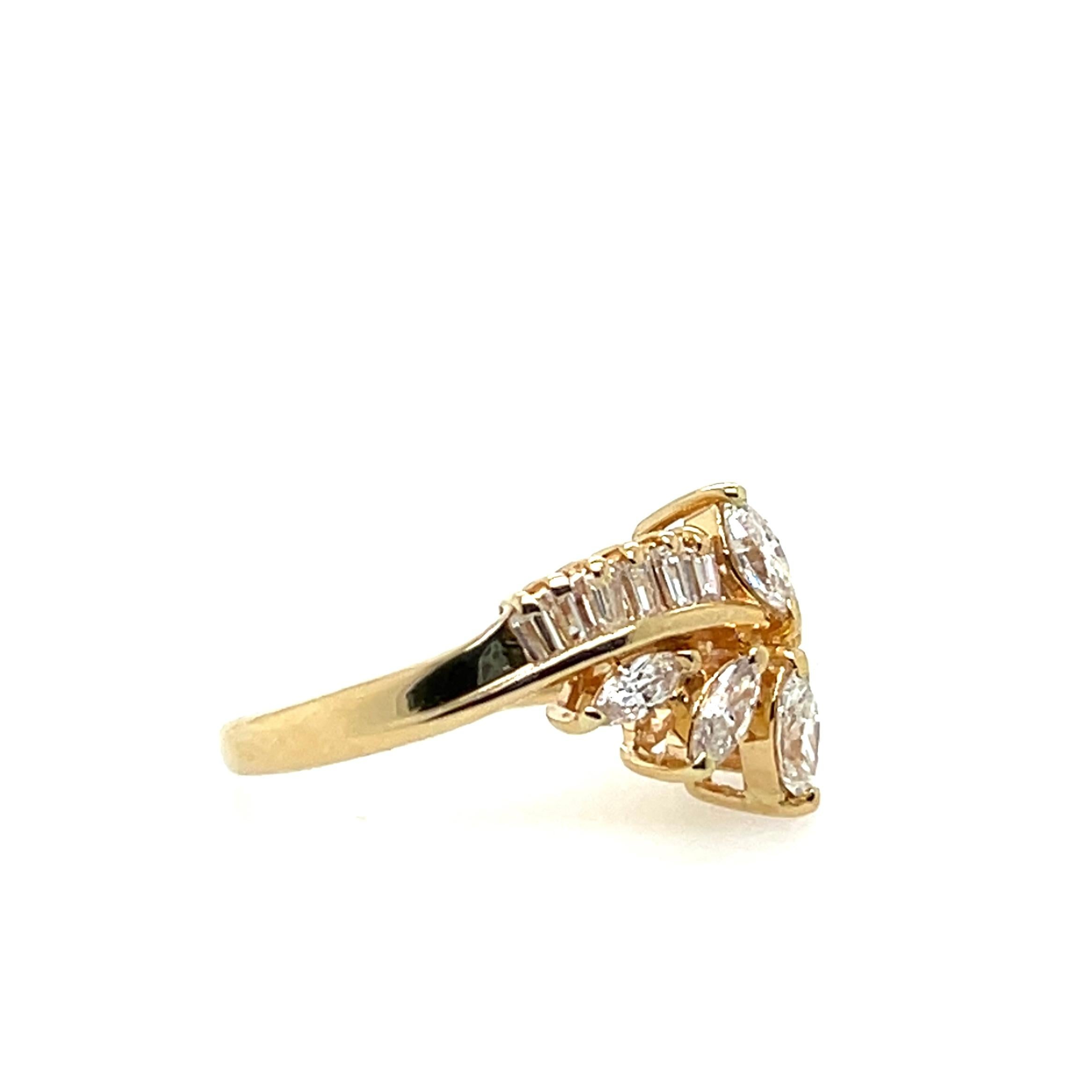 Marquise Cut Vintage Baguette and Marquise 1.62tcw Diamond and Gold Cluster Ring For Sale