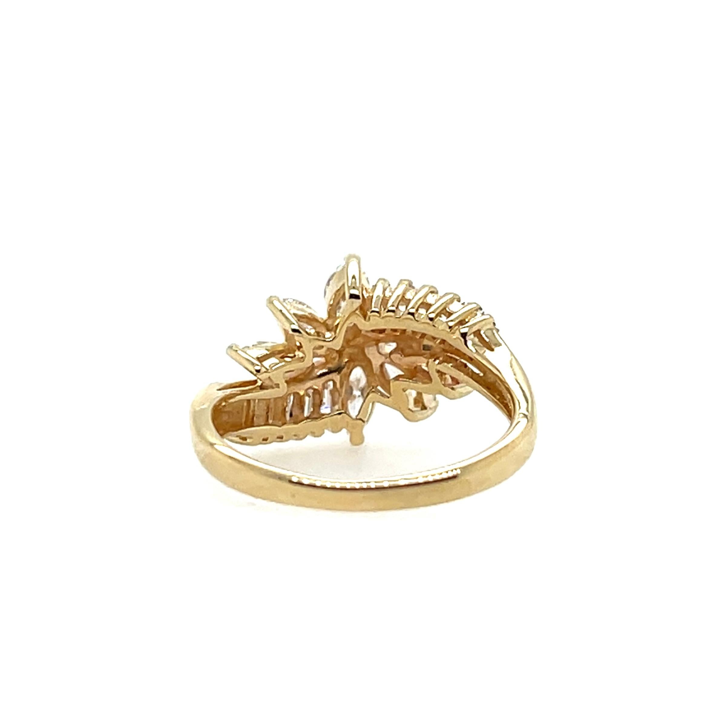 Women's or Men's Vintage Baguette and Marquise 1.62tcw Diamond and Gold Cluster Ring For Sale