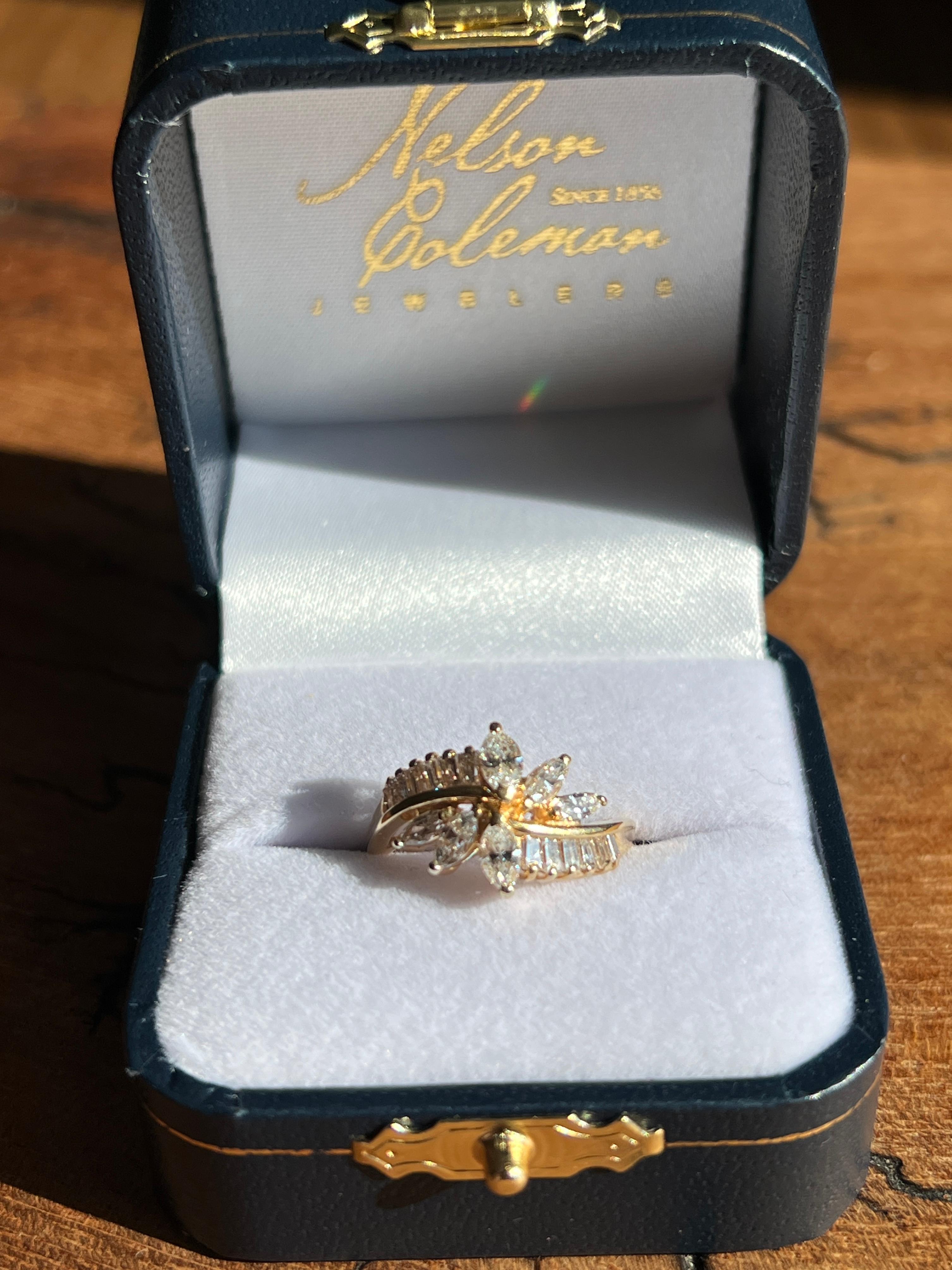 Vintage Baguette and Marquise 1.62tcw Diamond and Gold Cluster Ring For Sale 1