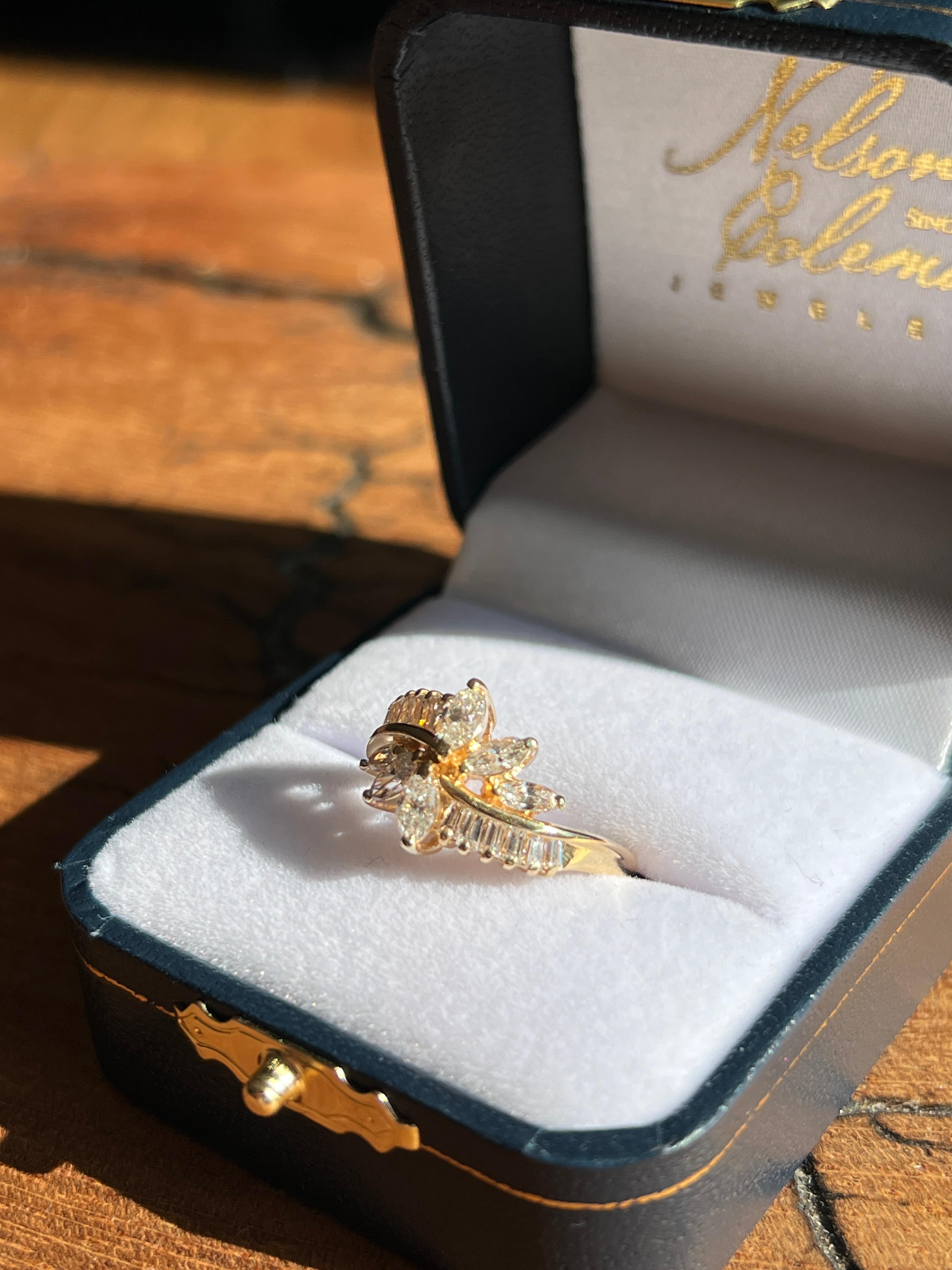 Vintage Baguette and Marquise 1.62tcw Diamond and Gold Cluster Ring For Sale 2