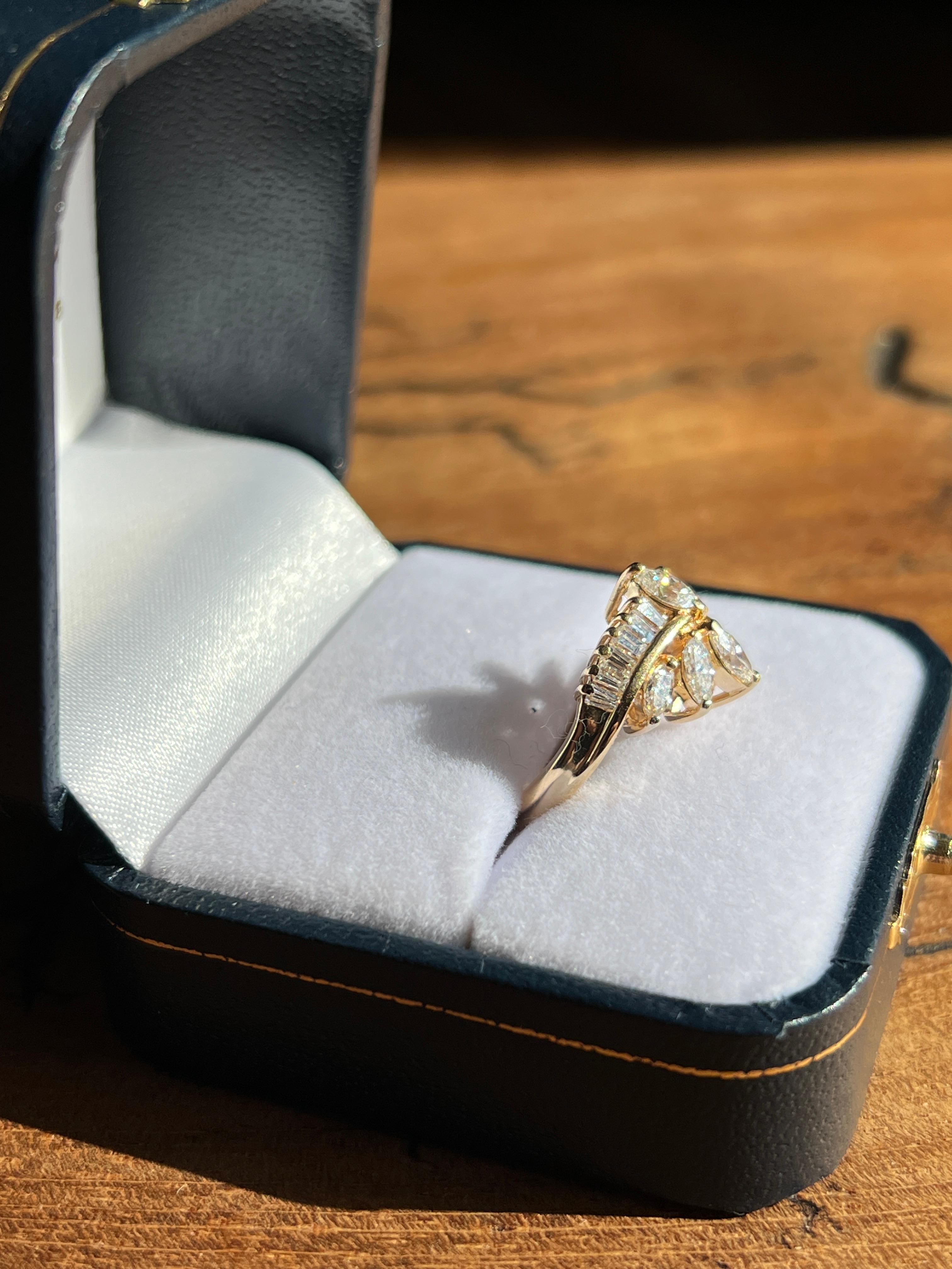 Vintage Baguette and Marquise 1.62tcw Diamond and Gold Cluster Ring For Sale 3