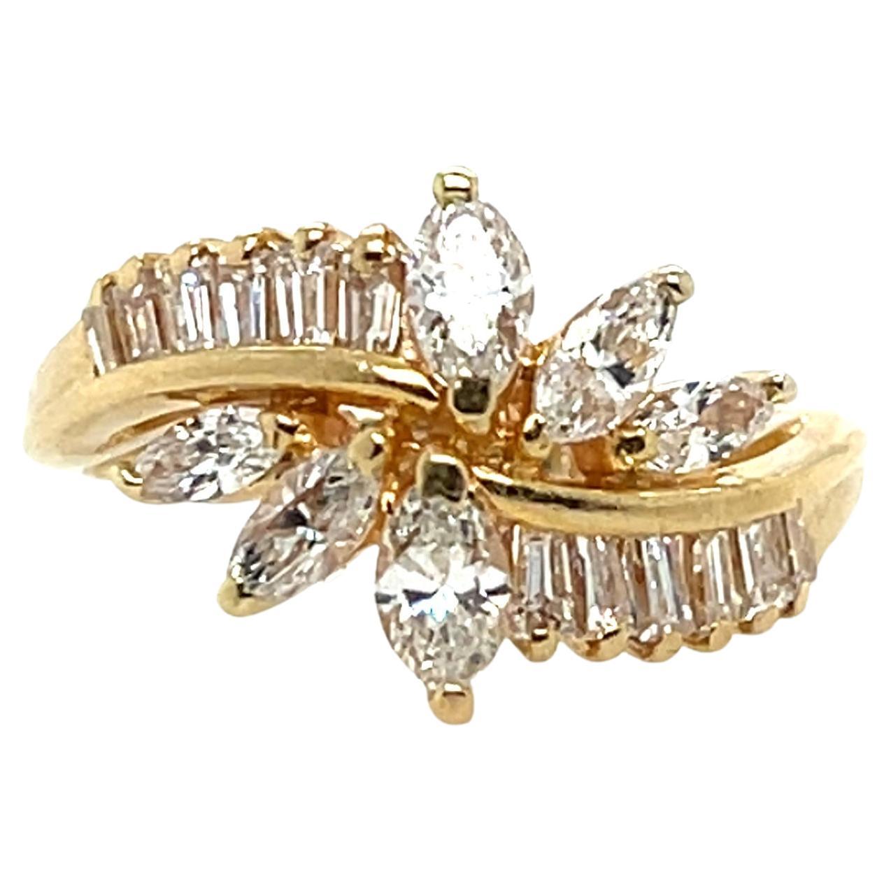 Vintage Baguette and Marquise 1.62tcw Diamond and Gold Cluster Ring For Sale