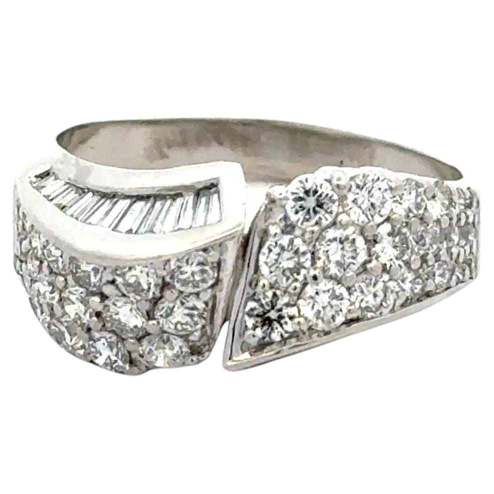 Vintage Baguette and RBC Diamond Platinum Bypass Band Ring For Sale