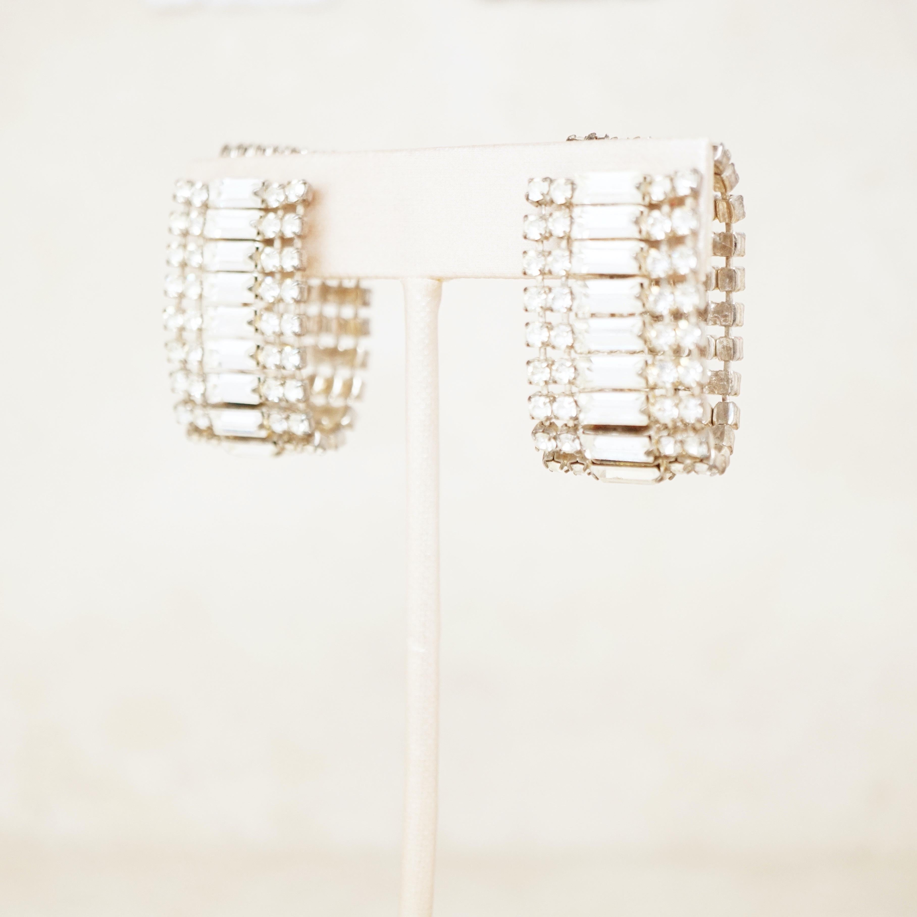 Modern Vintage Baguette Crystal & Rhinestone Drape Hoop Earrings, 1950s