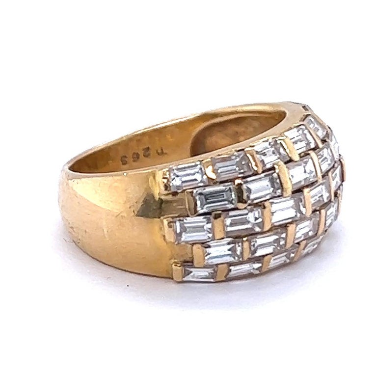 Women's or Men's Vintage Baguette Cut Diamond 18 Karat Gold Dome Ring For Sale
