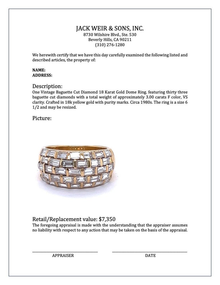 Vintage Baguette Cut Diamond 18 Karat Gold Dome Ring For Sale 3