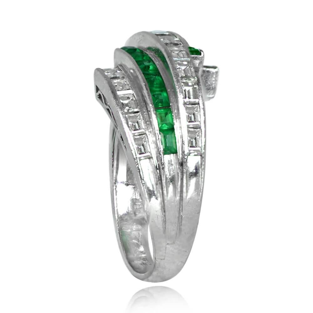 Retro Vintage Baguette Cut Diamond and Calibre Cut Natural Emerald Band Ring, Platinum For Sale