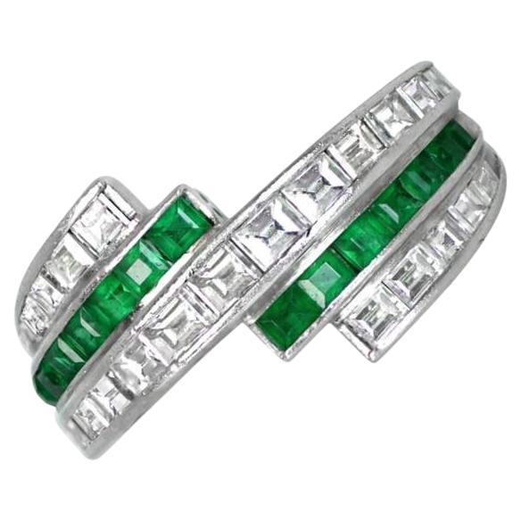 Vintage Baguette Cut Diamond and Calibre Cut Natural Emerald Band Ring, Platinum For Sale