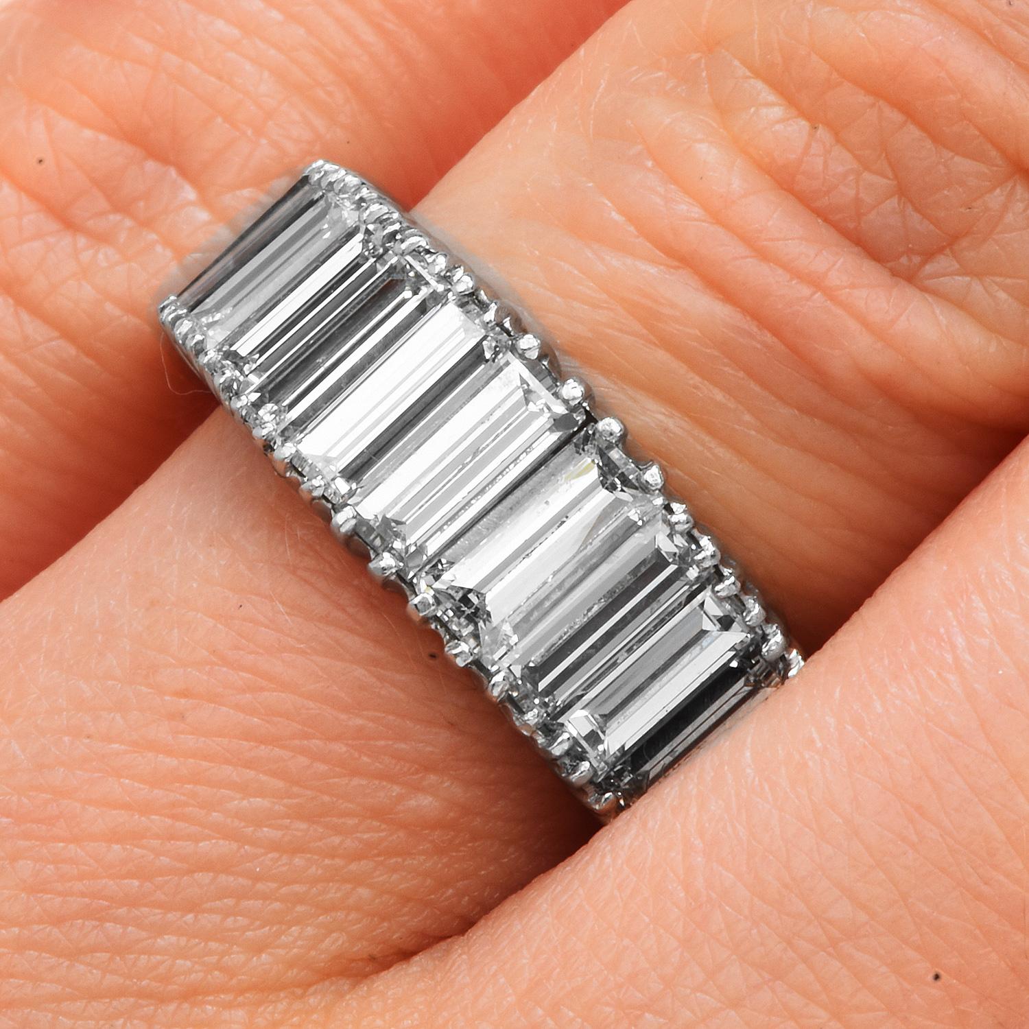 Women's or Men's Vintage Baguette Cut Diamond Platinum Graduated Eternity Wedding Band Ring