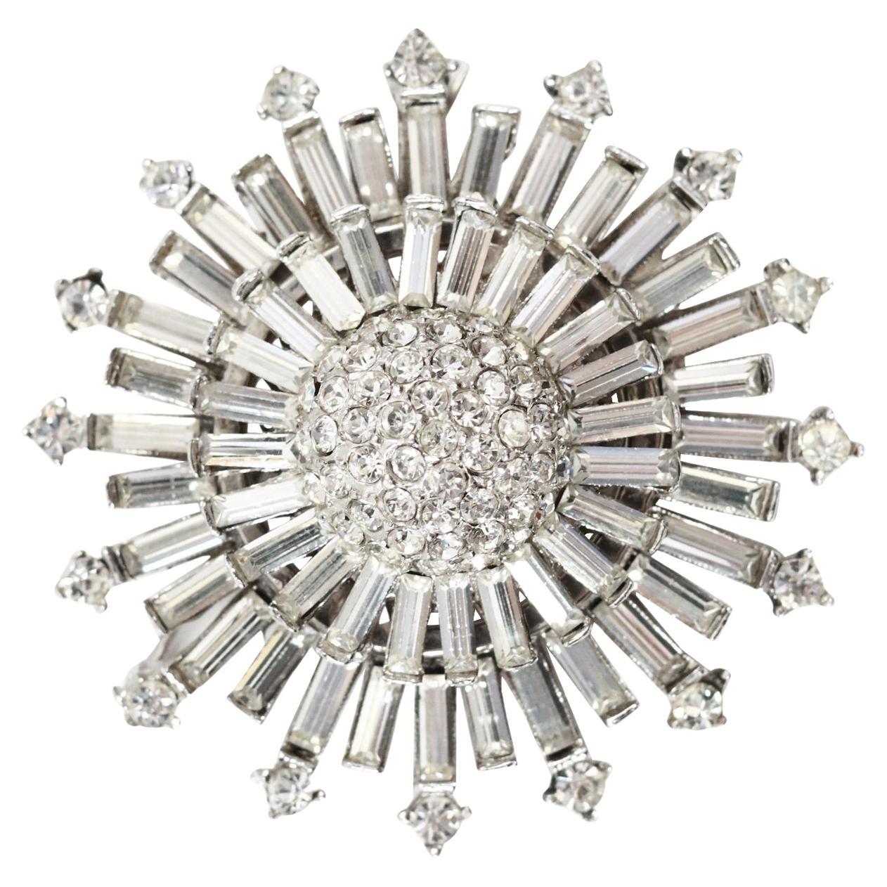 Vintage Baguette Diamante Triple Layer Round Brooch Circa 1960s