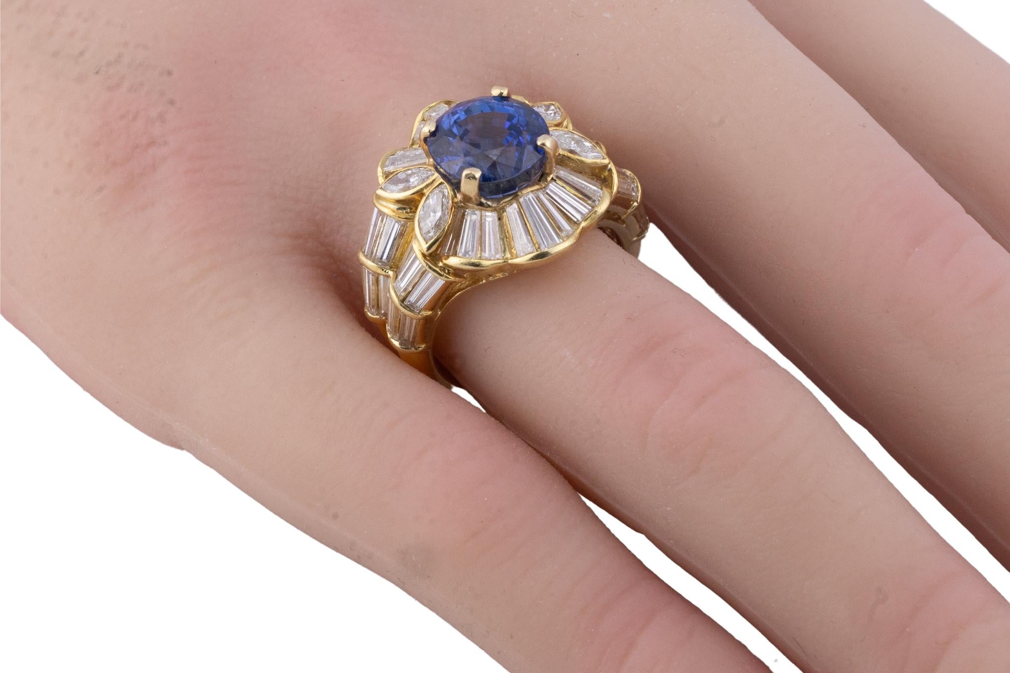 Retro Vintage Baguette Diamond and Sapphire Ring For Sale