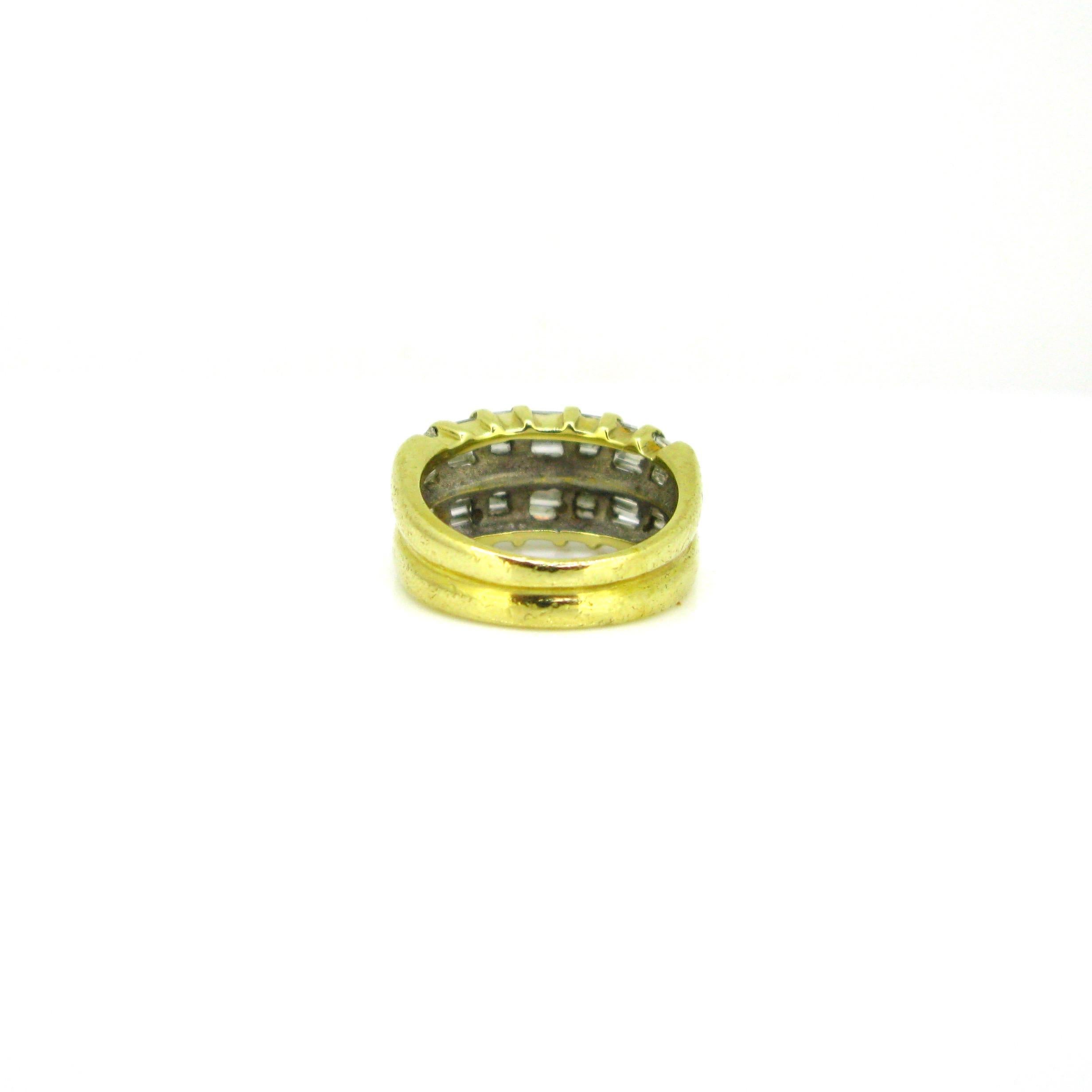 Baguette Cut Vintage Baguette Diamonds Double Band Ring, 18 Karat Yellow Gold For Sale
