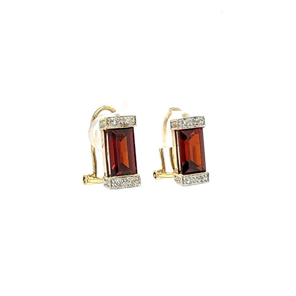 Simply Beautiful! Finely detailed Vintage Red Baguette Garnet and Diamond Gold Earrings. Each earring Hand set with a Baguette Red Garnet, weighing approx. 18tcw for both and Diamonds, approx. 0.08tcw. Hand crafted in 14K Yellow Gold. Clip and Post