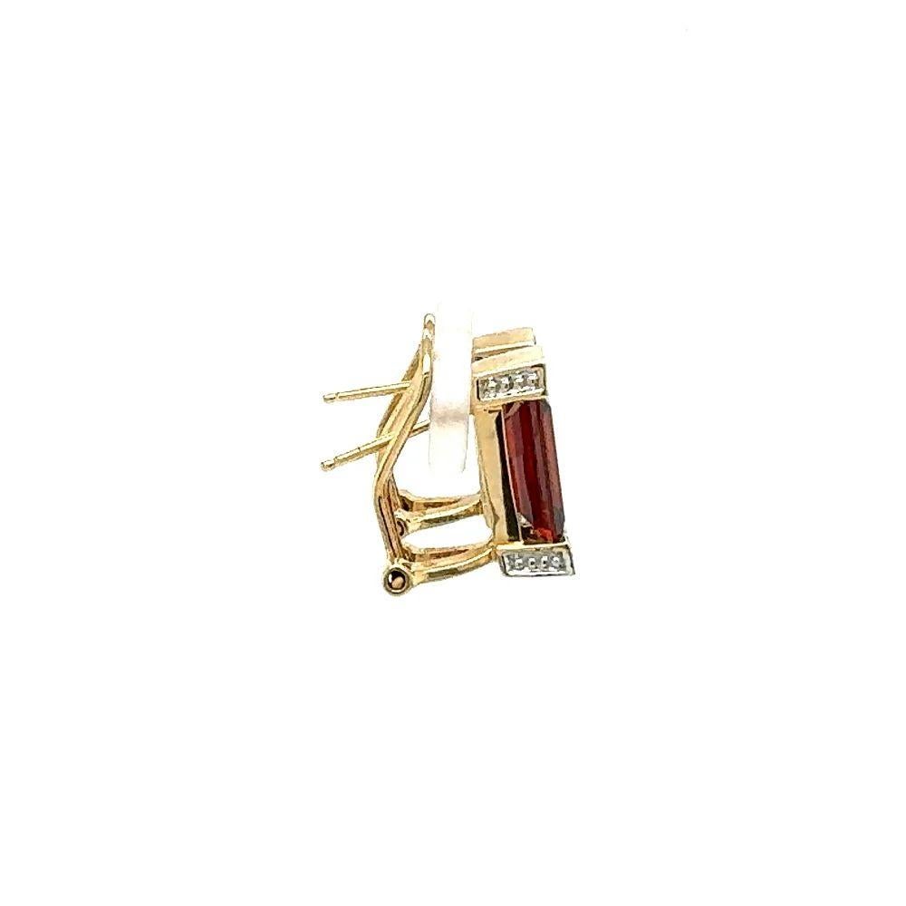 Baguette Cut Vintage Baguette Red Garnet and Diamond Gold Earrings For Sale