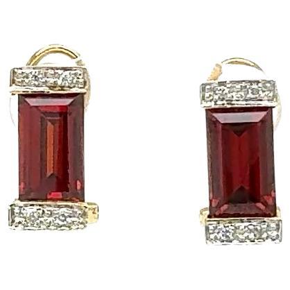 Vintage Baguette Red Garnet and Diamond Gold Earrings For Sale